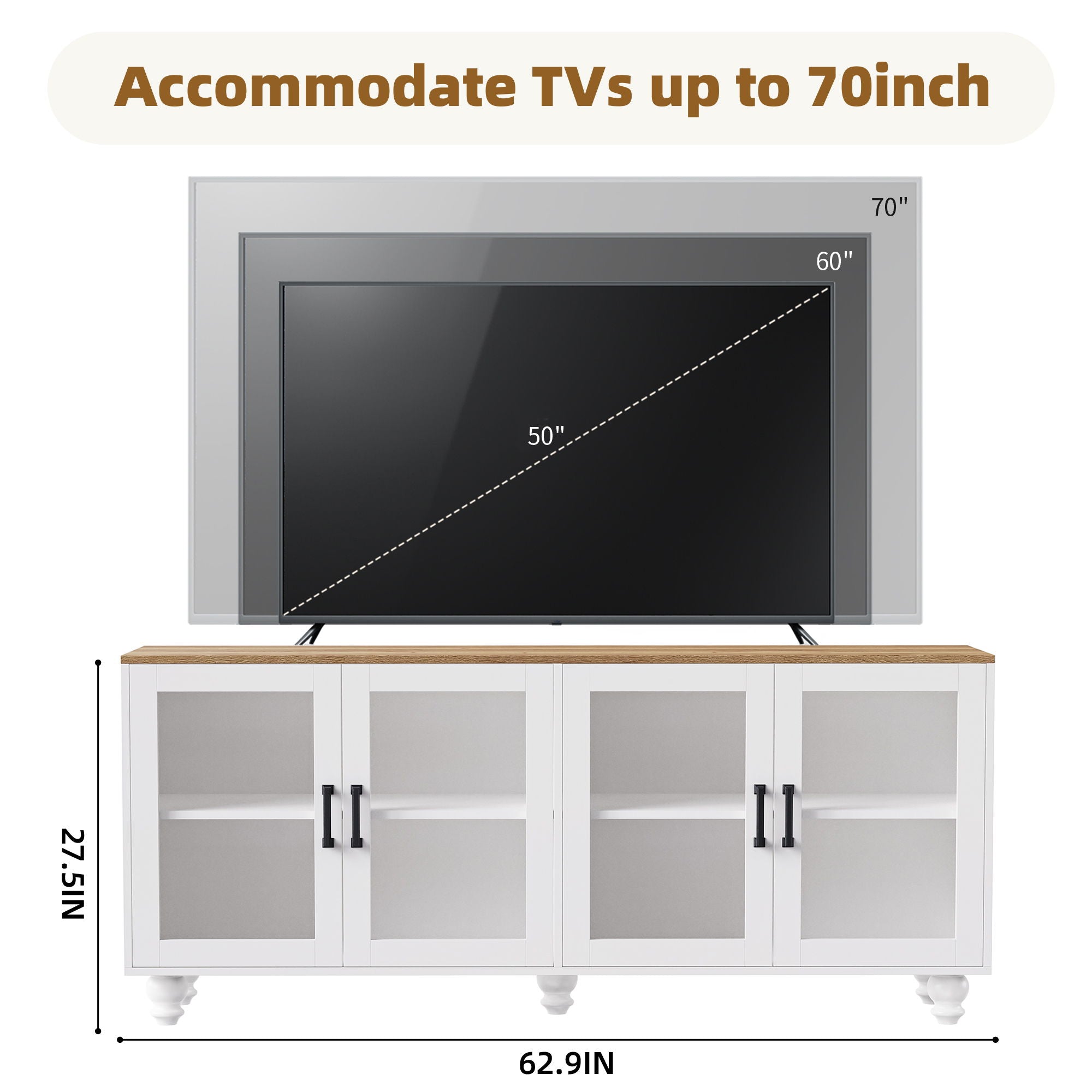 Farmhouse TV Stand With Solid Wood Gourd Shaped Legs For TVs Up To 70"