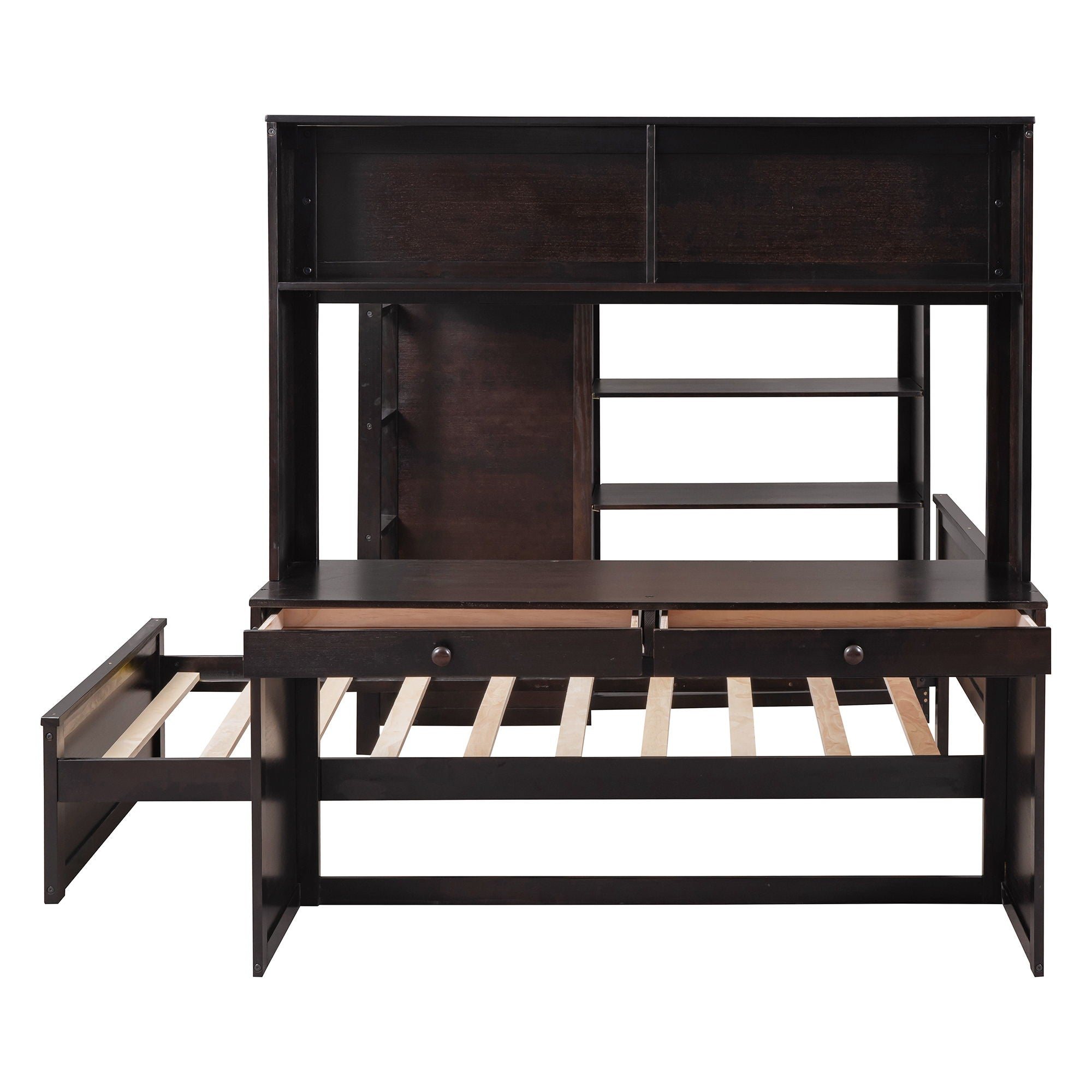 Loft Bed With A Twin Size Standalone Bed, Shelves, Desk, And Wardrobe