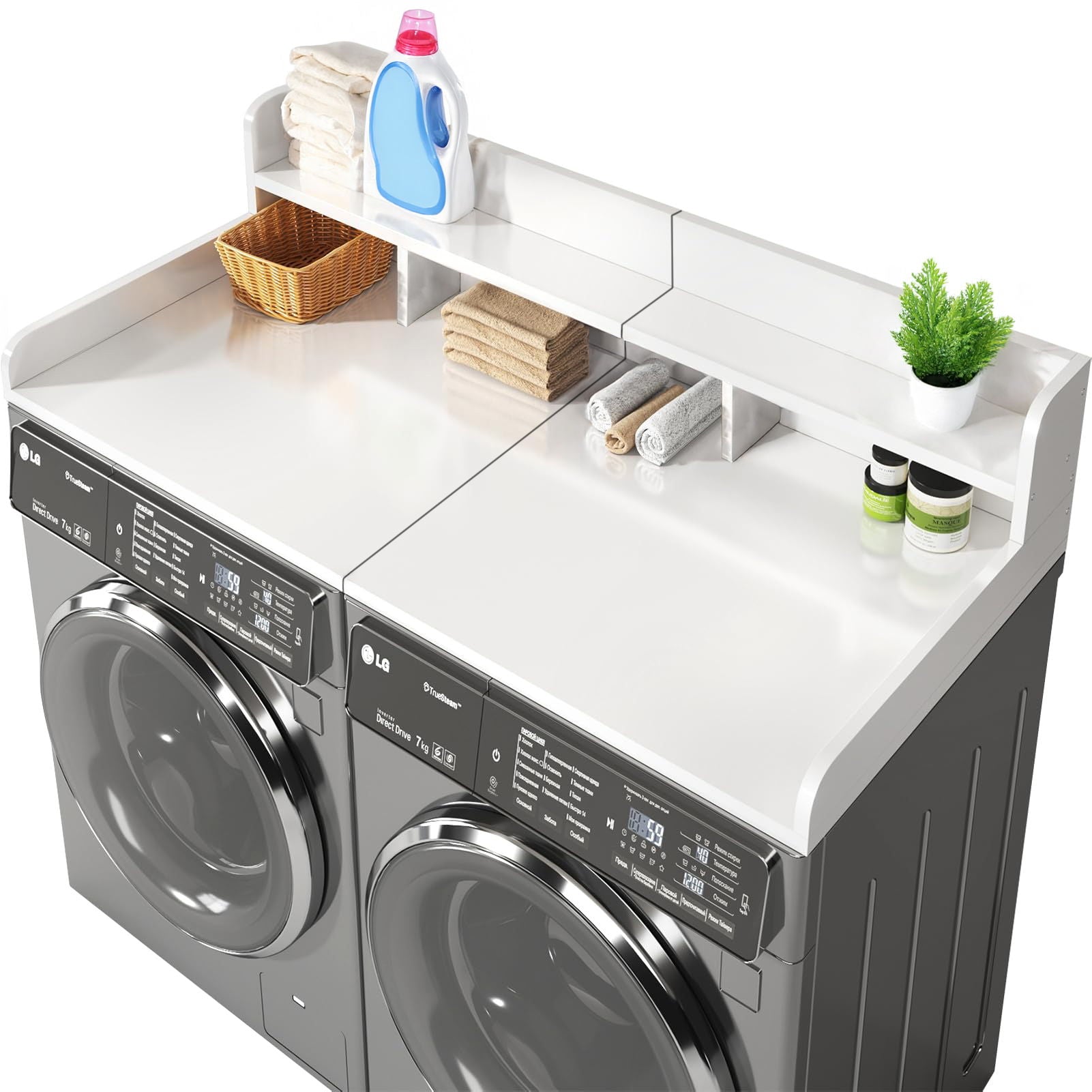 Washer Dryer Countertop Organizer, Double Layer Wooden Laundry Shelf Topper With Edge For Storage - White