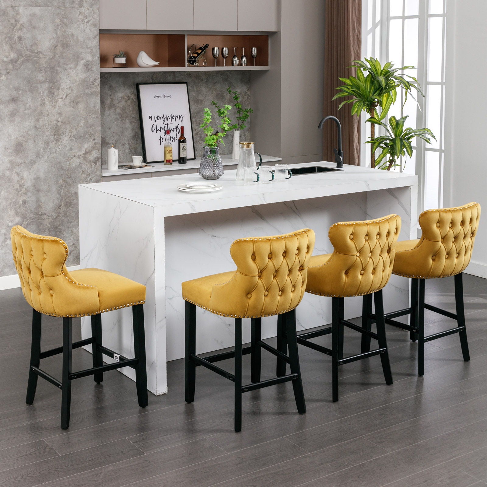 Contemporary Upholstered Wing-Back Barstools With Button Tufted Decoration And Wooden Legs, And Nailhead Trim, Leisure Style Bar Chairs, Bar Stools (Set of 2)
