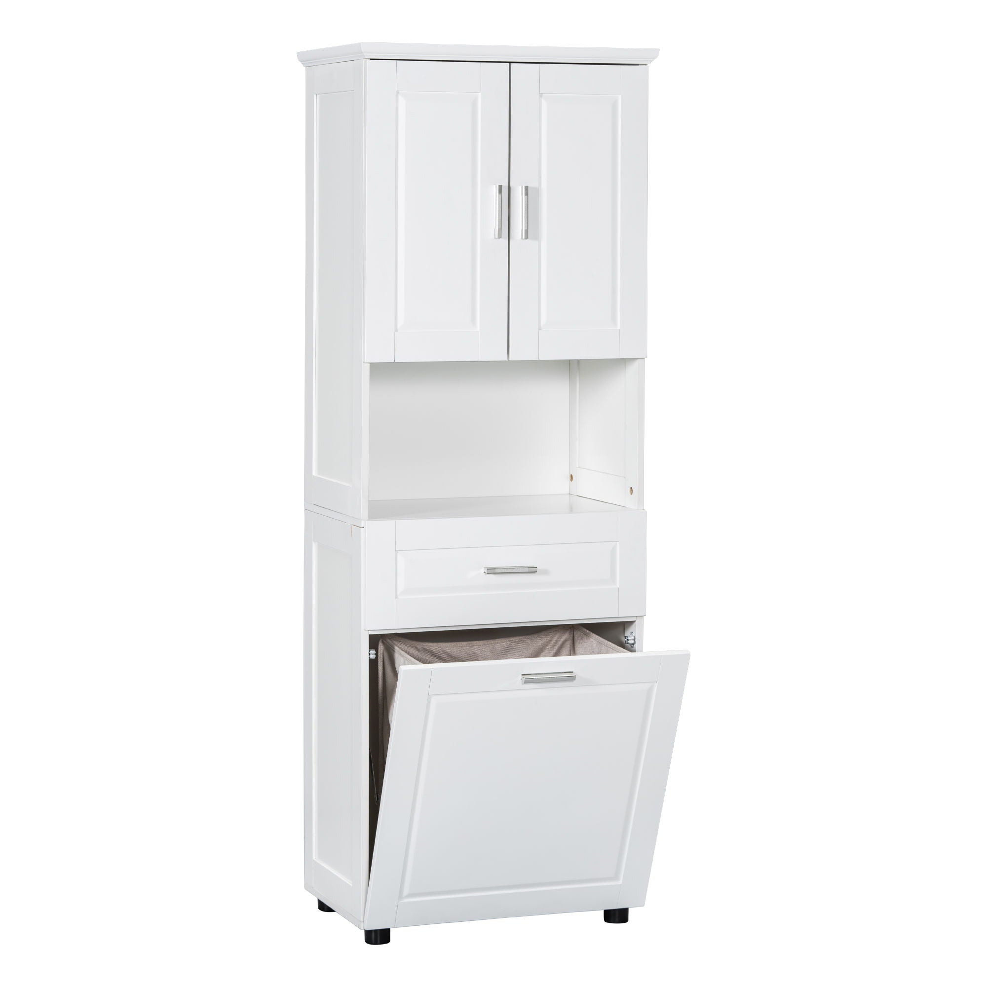Tall Bathroom Cabinet With Tilt-Out Laundry Basket And Upper Storage