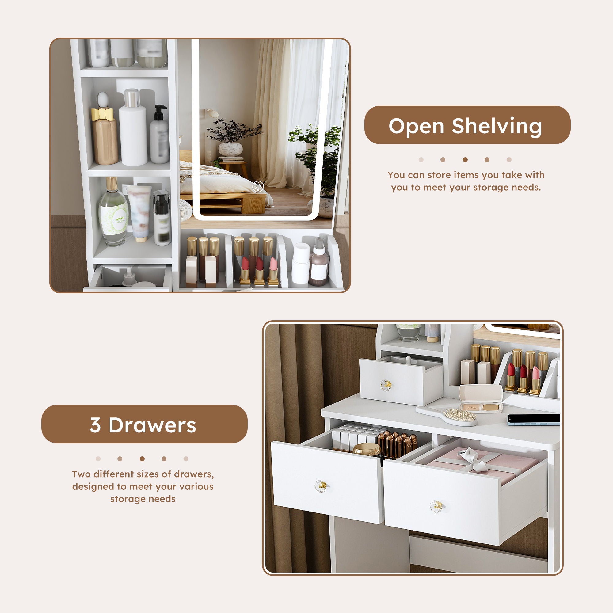 Modern Small Vanity Desk With 3 LED Lighting Modes, 3 Drawers