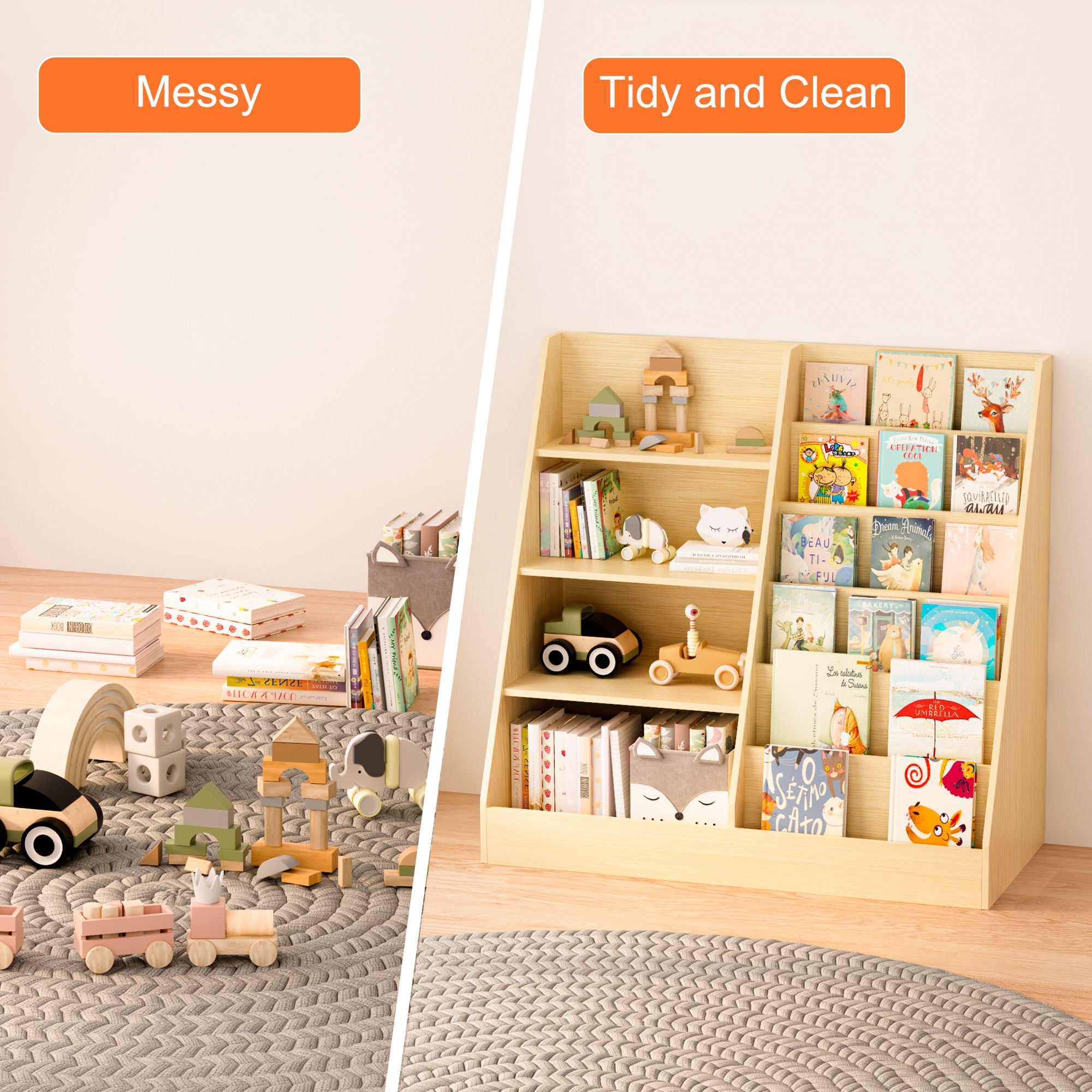 Bookshelf And Toy Storage Organizer, 4 Tier Bookcase With Display Stand For Playroom