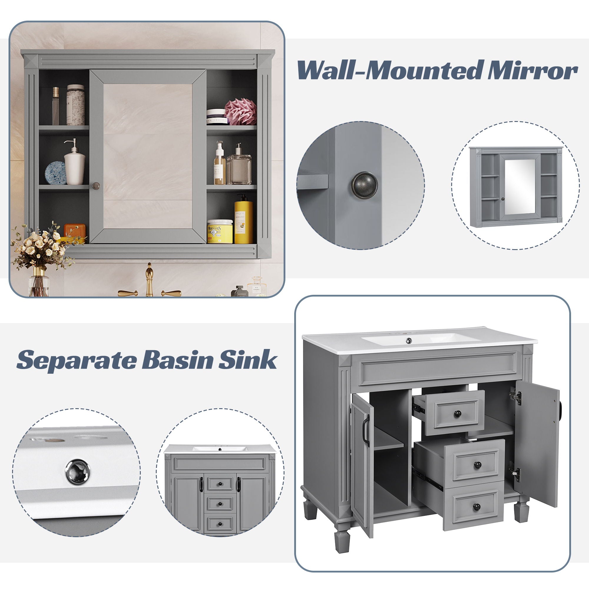 Bathroom Vanity With Top Sink, Mirror Cabinet, 2 Soft Closing Doors & 2 Drawers