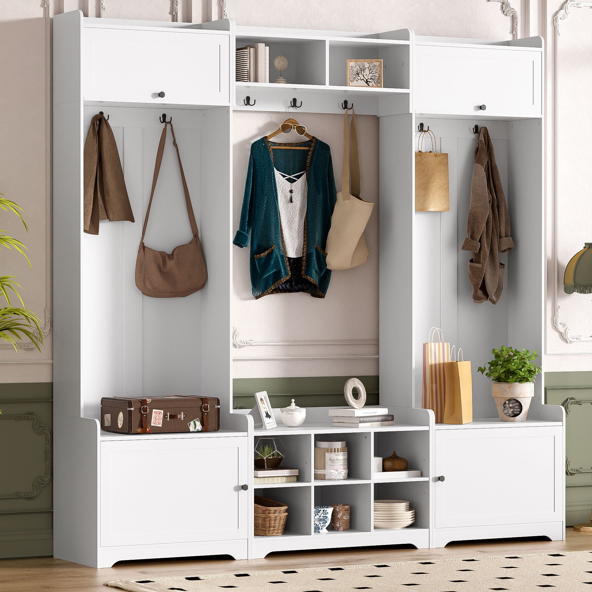 Wide Hall Tree With Shoe Storage, 4 In 1 Entryway Bench With 8 Cubbies, 7 Coat Hooks & Adjustable Shelf For Hallway - White