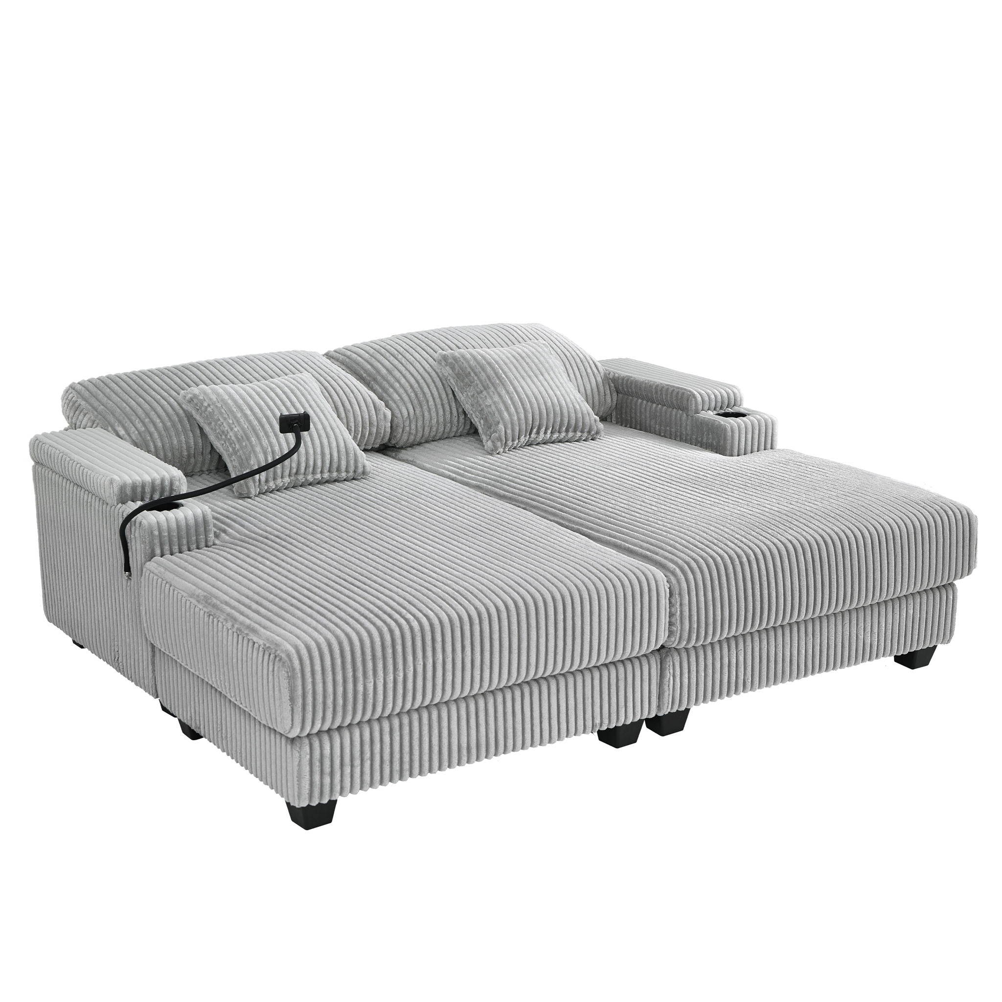 Modern Chaise Sofa With Adjustable Backrest, Cup Holders, Phone Holder & Storage Compartments For Living Room