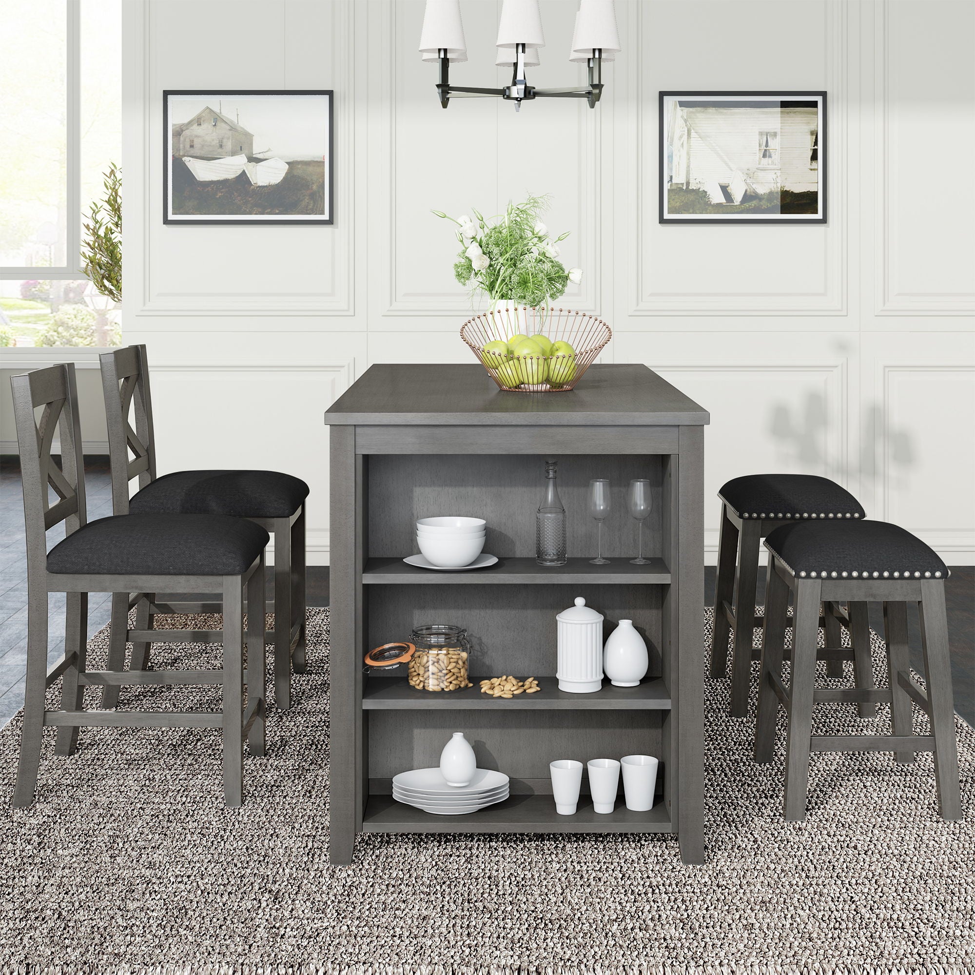 5 Pieces Counter Height Rustic Farmhouse Dining Room Wooden Bar Table Set With 2 Stools And 2 Chairs