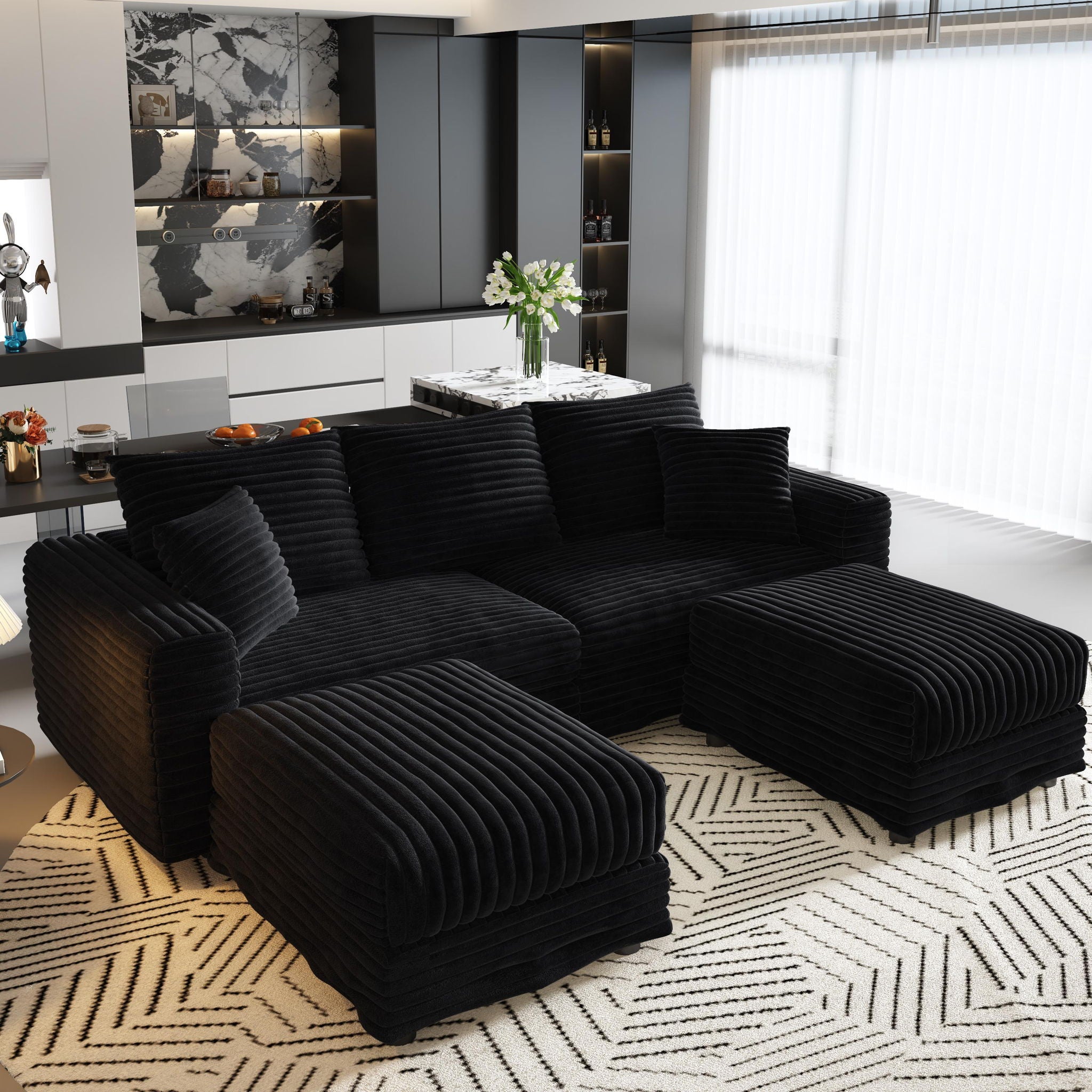 Deep Seat Convertible Sofa With Soft Pillows And Ottomans
