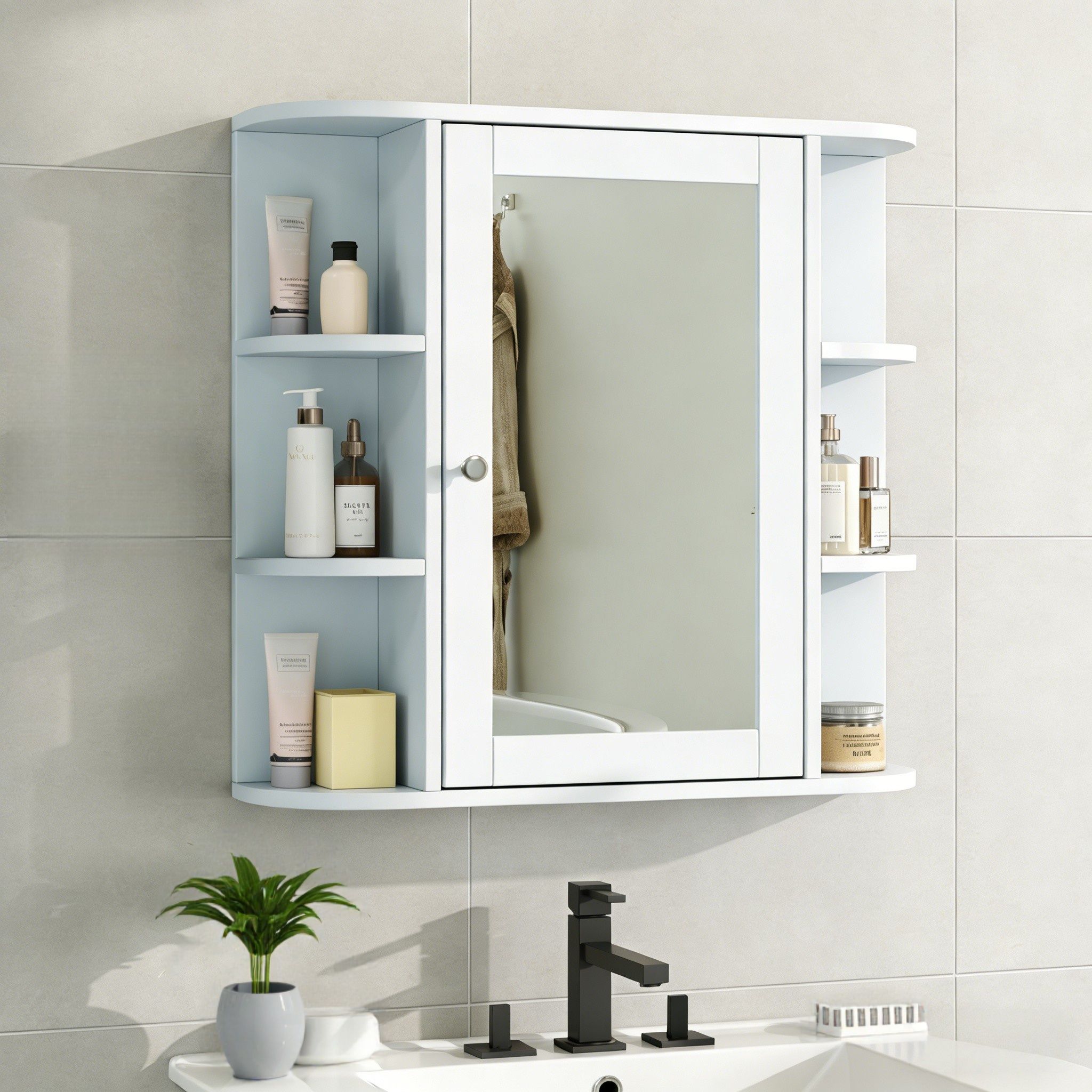 Bathroom Wall Storage Cabinet With Mirror And Adjustable Shelf, 6 Open Shelves