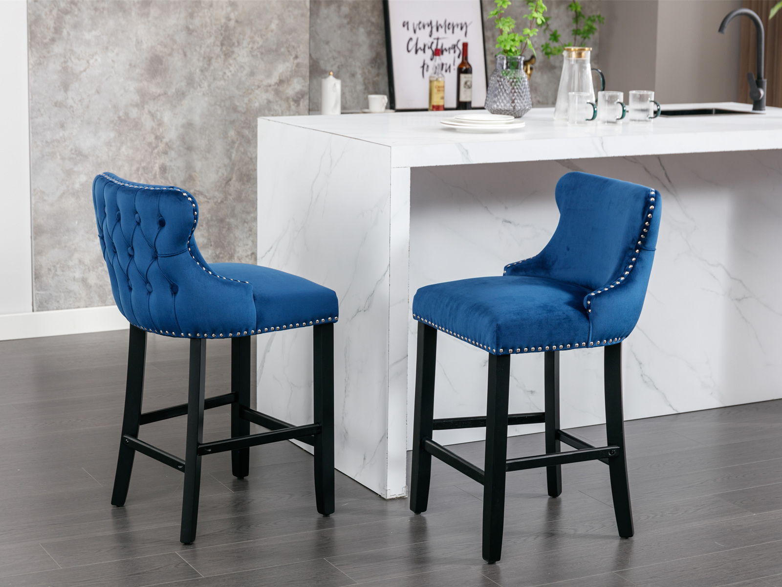 Contemporary Upholstered Wing-Back Barstools With Button Tufted Decoration And Wooden Legs, And Nailhead Trim, Leisure Style Bar Chairs, Bar Stools (Set of 2)