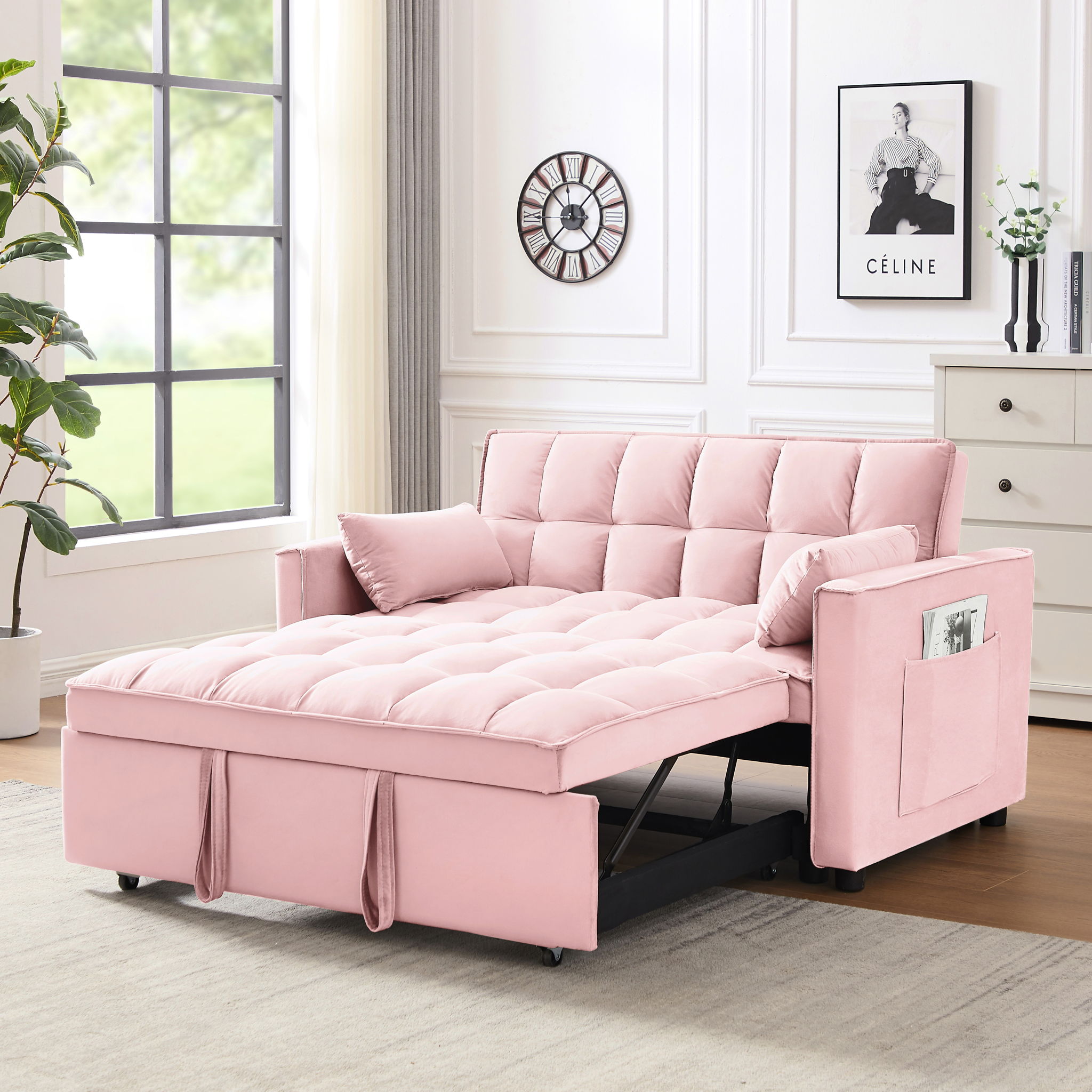 Modern Convertible Loveseat Futon Sofa With Pullout Bed, Reclining Backrest