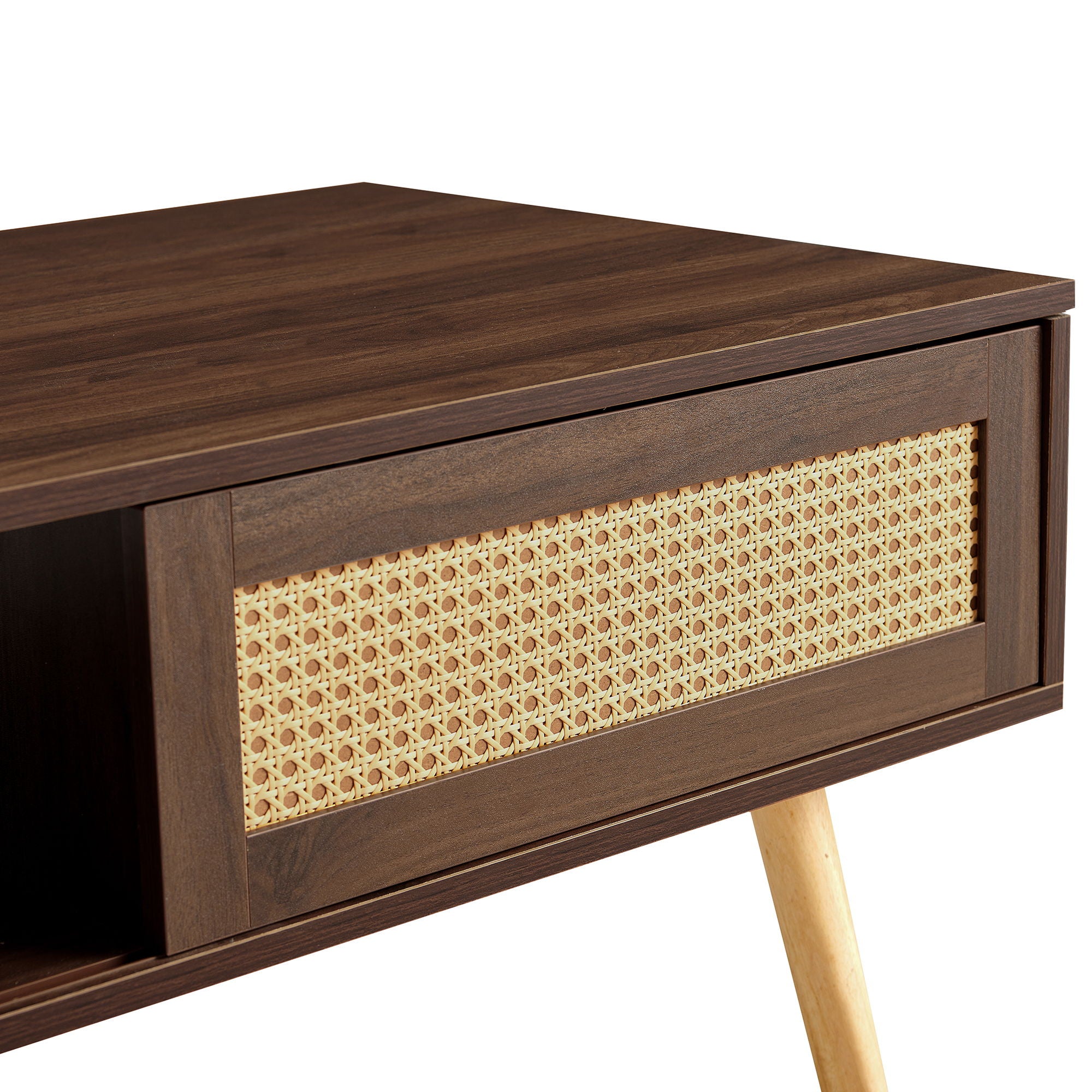 41.34" Rattan Coffee Table, Sliding Door For Storage, Solid Wood Legs, Modern Table For Living Room