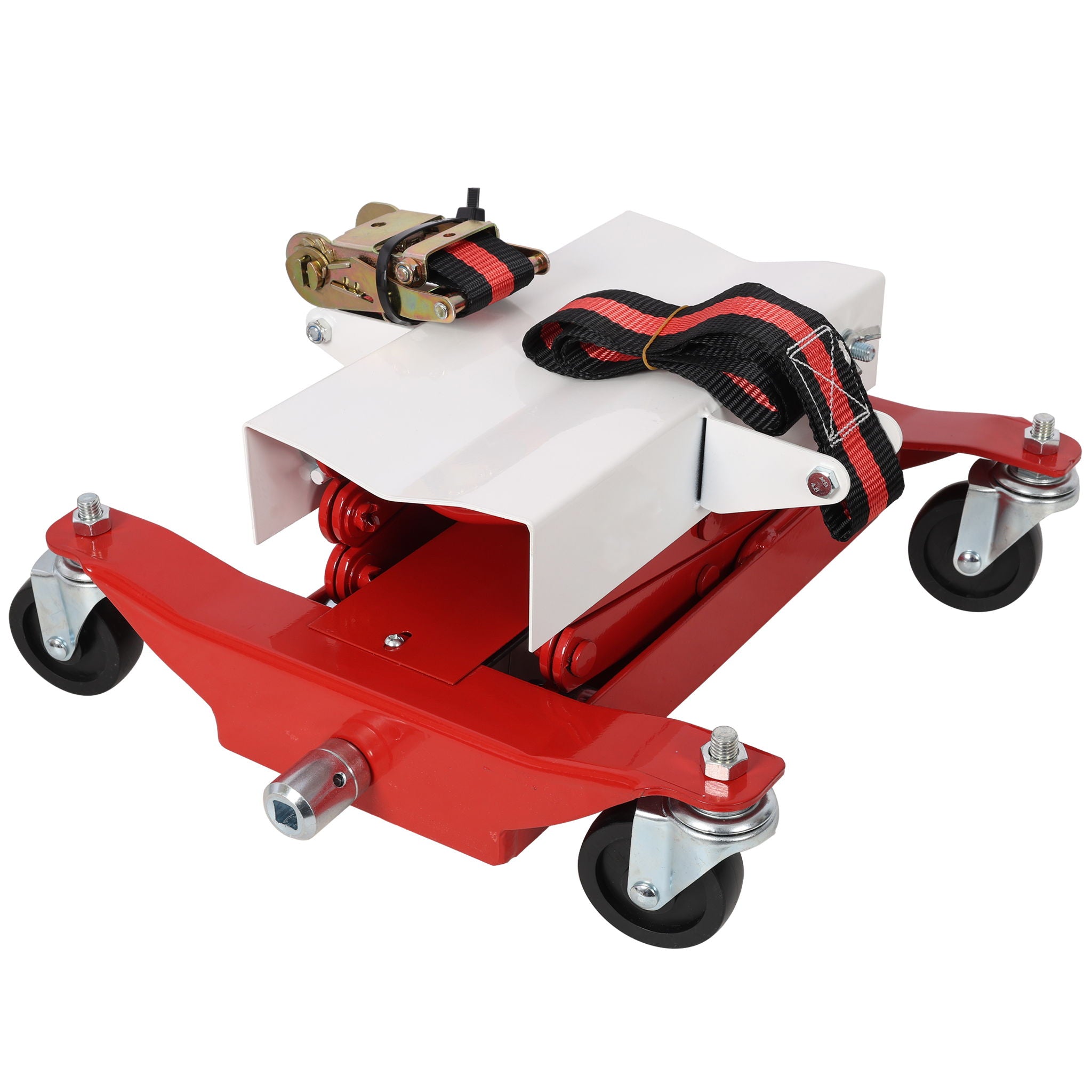 Heavy Duty Low Lift Transmission Jack With Nylon Safety Strap For Small Vehicles - Red