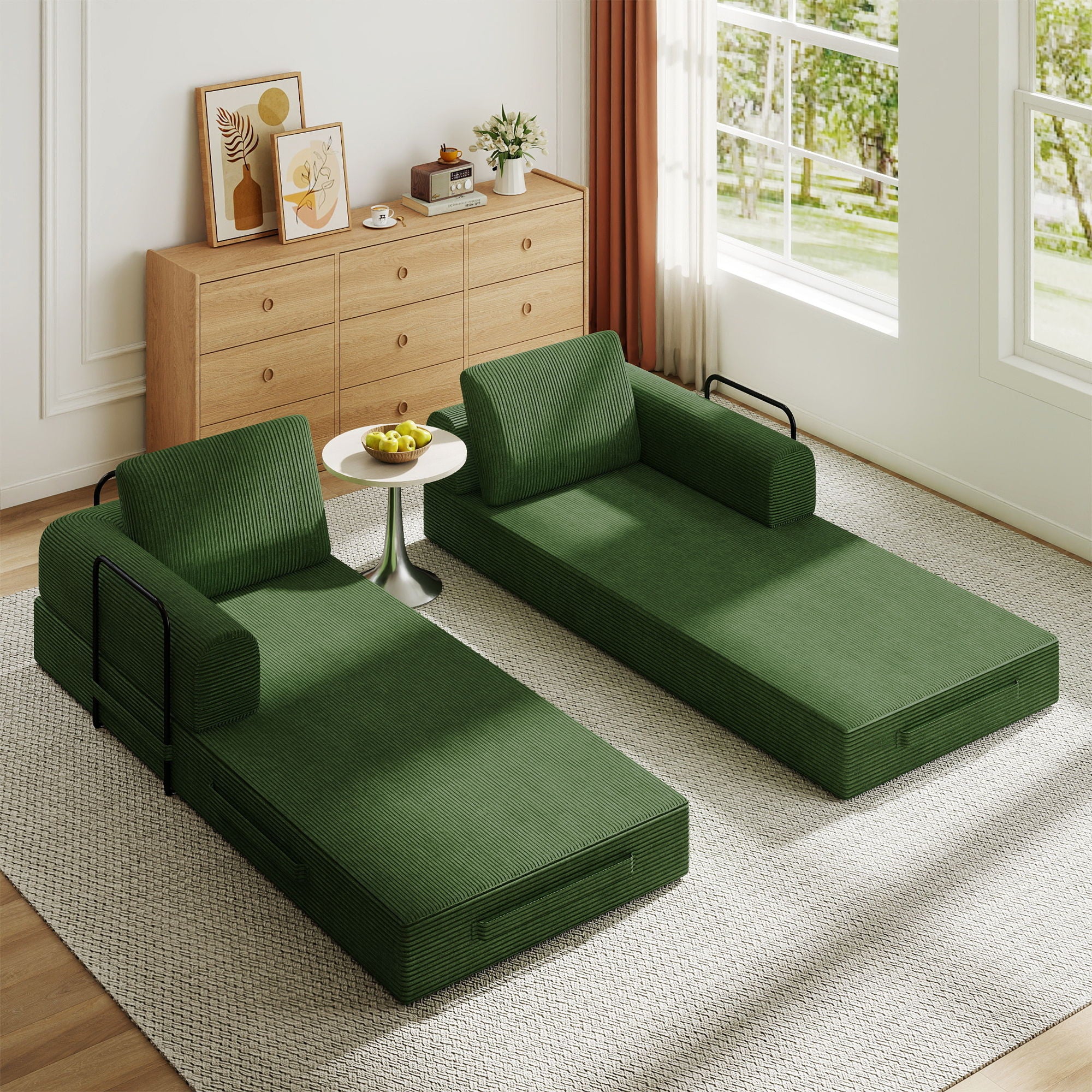Convertible Sleeper Sofa Bed With Cylindrical Pillow, Fixed Shape Frame