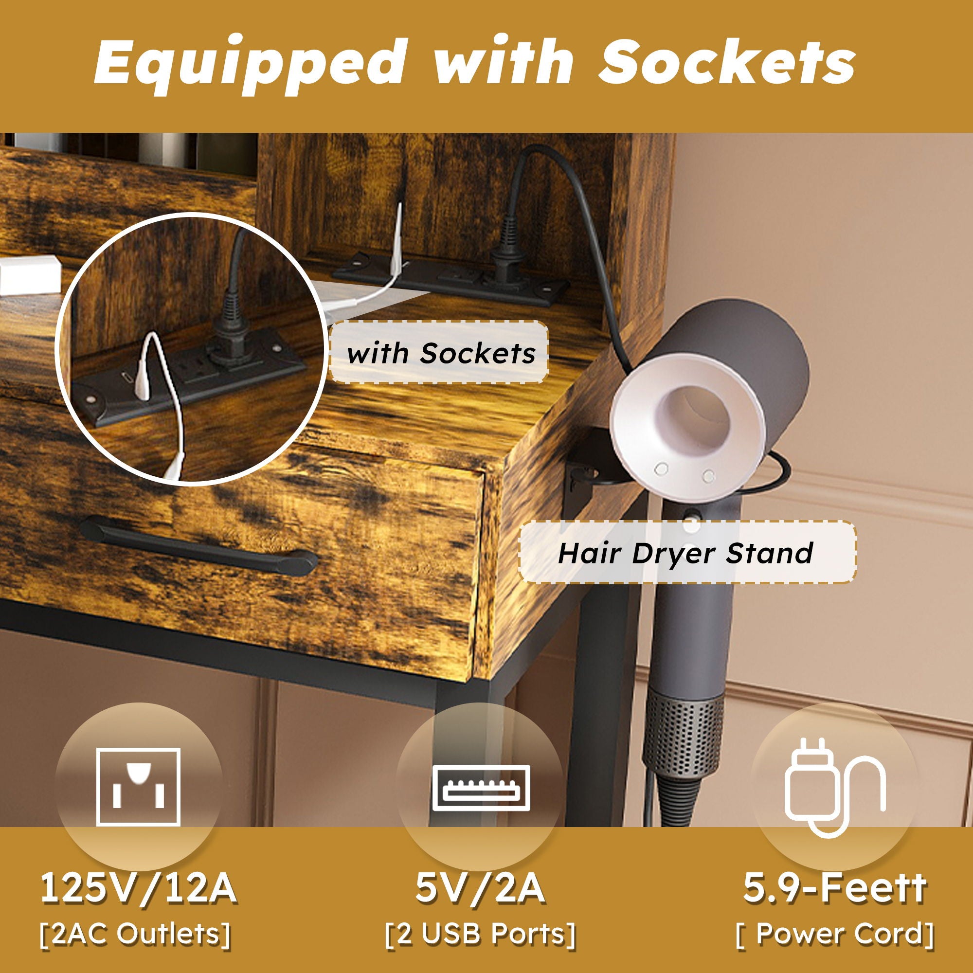 Makeup Vanity Table With LED Lights, 3 Color Options, Power Outlet