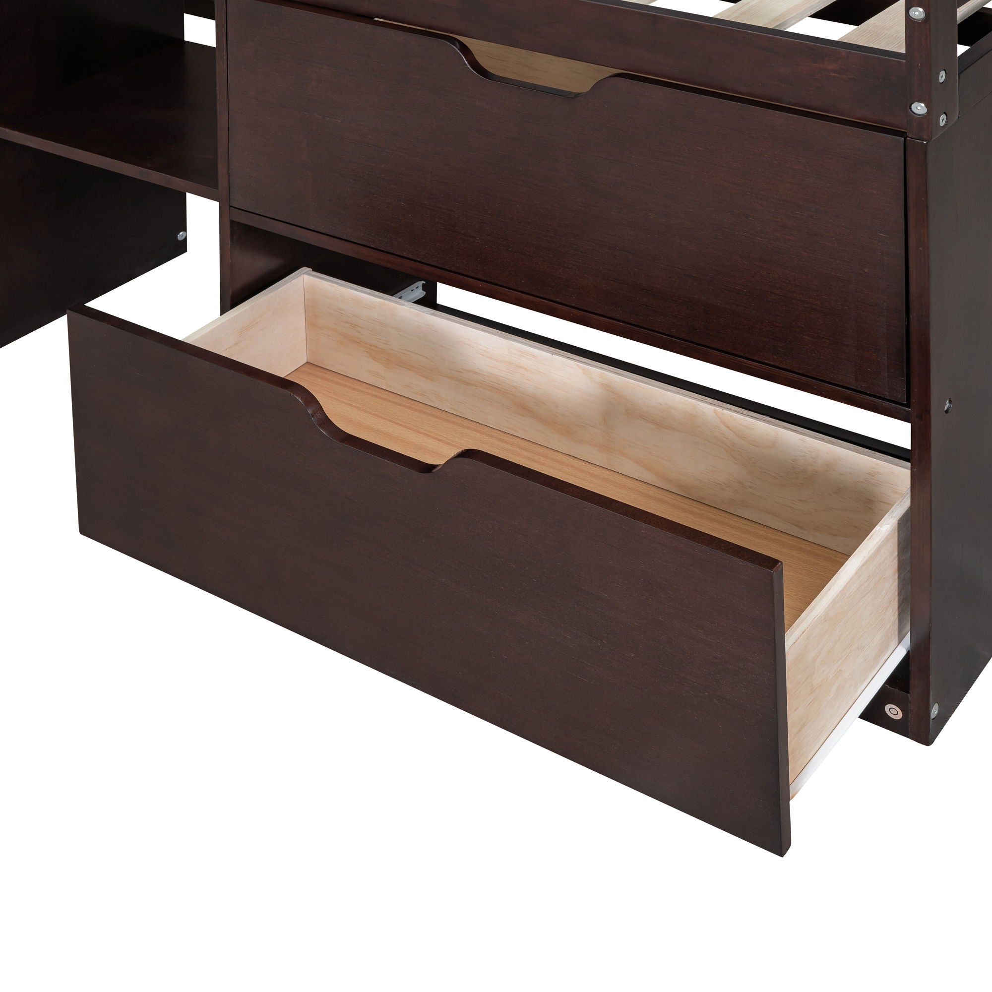 Low Loft Bed With Rolling Desk, Shelf And Drawers