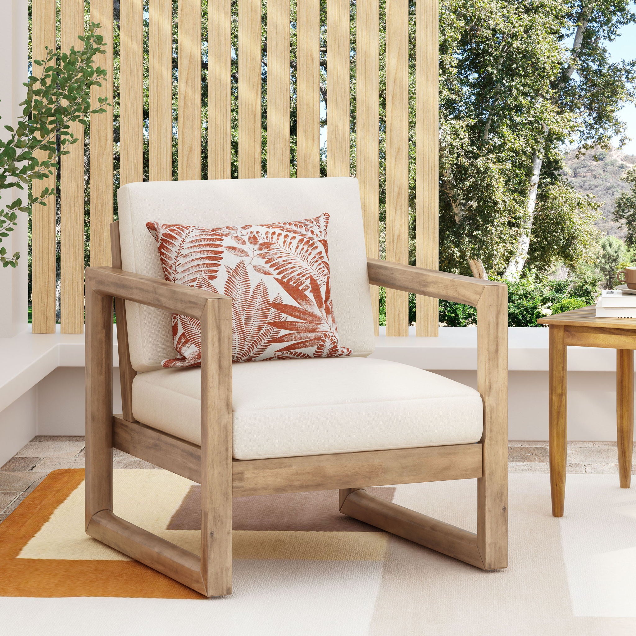 Outdoor Acacia Wood Patio Club Chair, Wood Patio Furniture, Waterproof Thick Cushion Deep Seating For Porch - Brown Wash / Beige