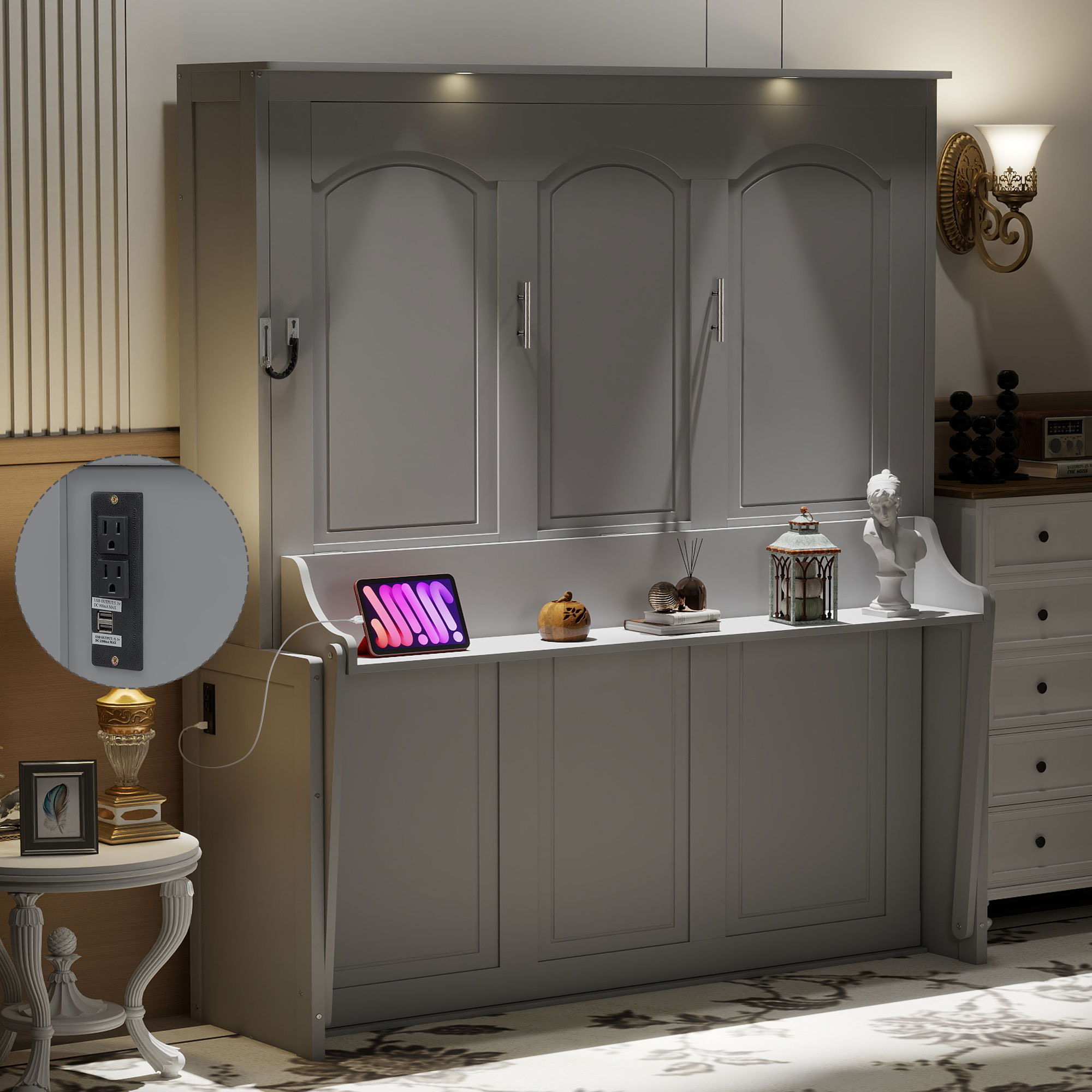 Murphy Bed With Desk, LED Lights & USB Charging Station