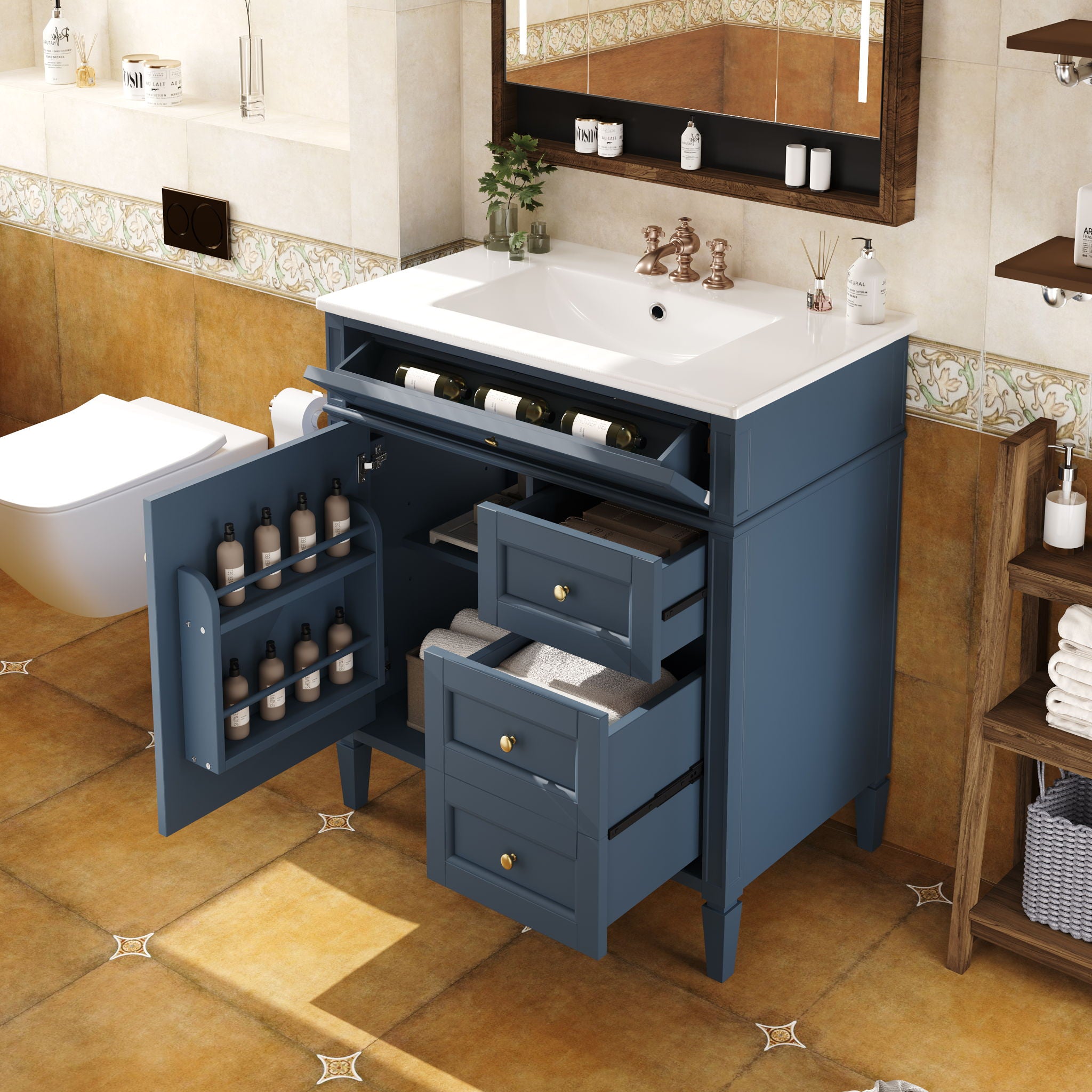 Bathroom Vanity With Top Sink, 2 Drawers & Tip Out Drawer