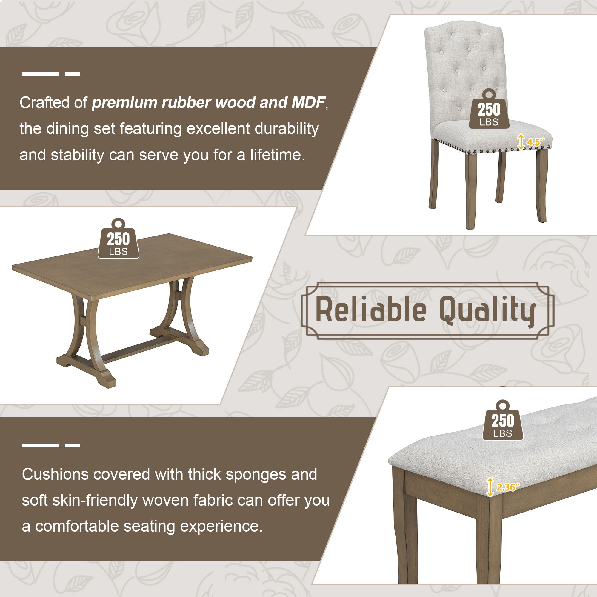 Dining Table Set With 4 Upholstered Chairs And Bench