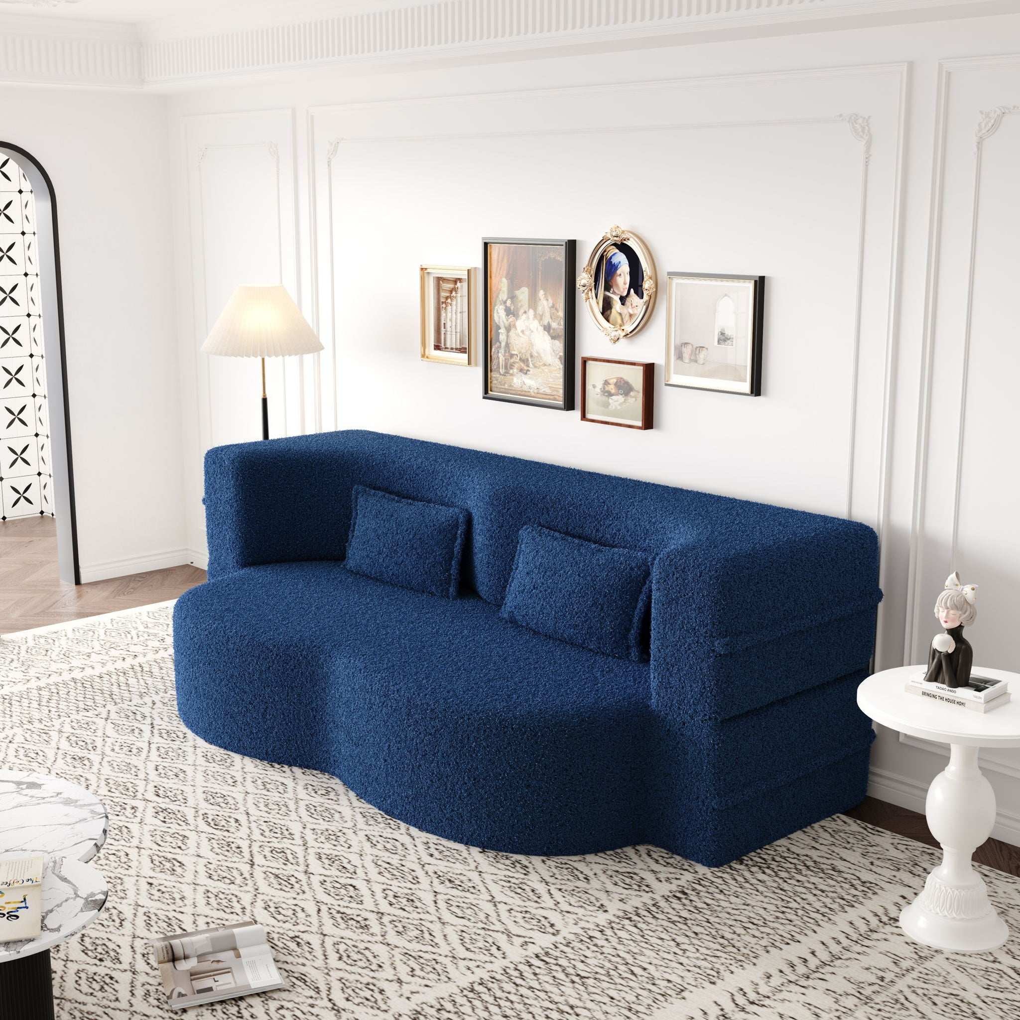 Modern Floor Sofa, With 2 Pillows, Convertible Teddy Fabric Foam Filled Bed