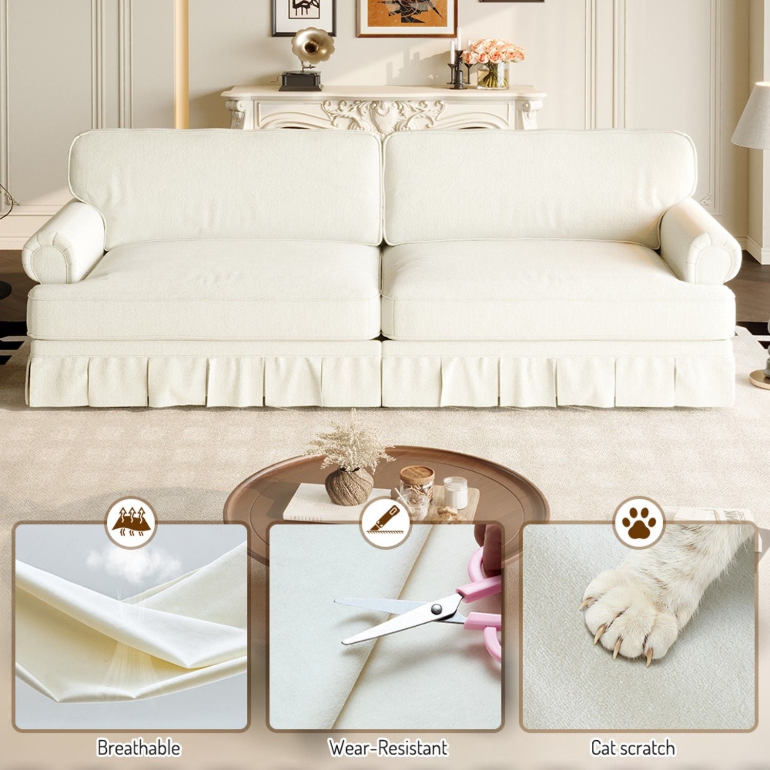 Luxuriously Comfortable Cloud Couch Sofa With Elegant Rolled Arms & Pleated Skirt Design