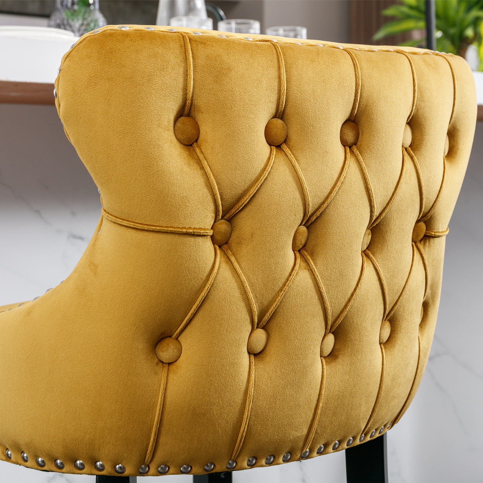 Contemporary Upholstered Wing-Back Barstools With Button Tufted Decoration And Wooden Legs, And Nailhead Trim, Leisure Style Bar Chairs, Bar Stools (Set of 2)