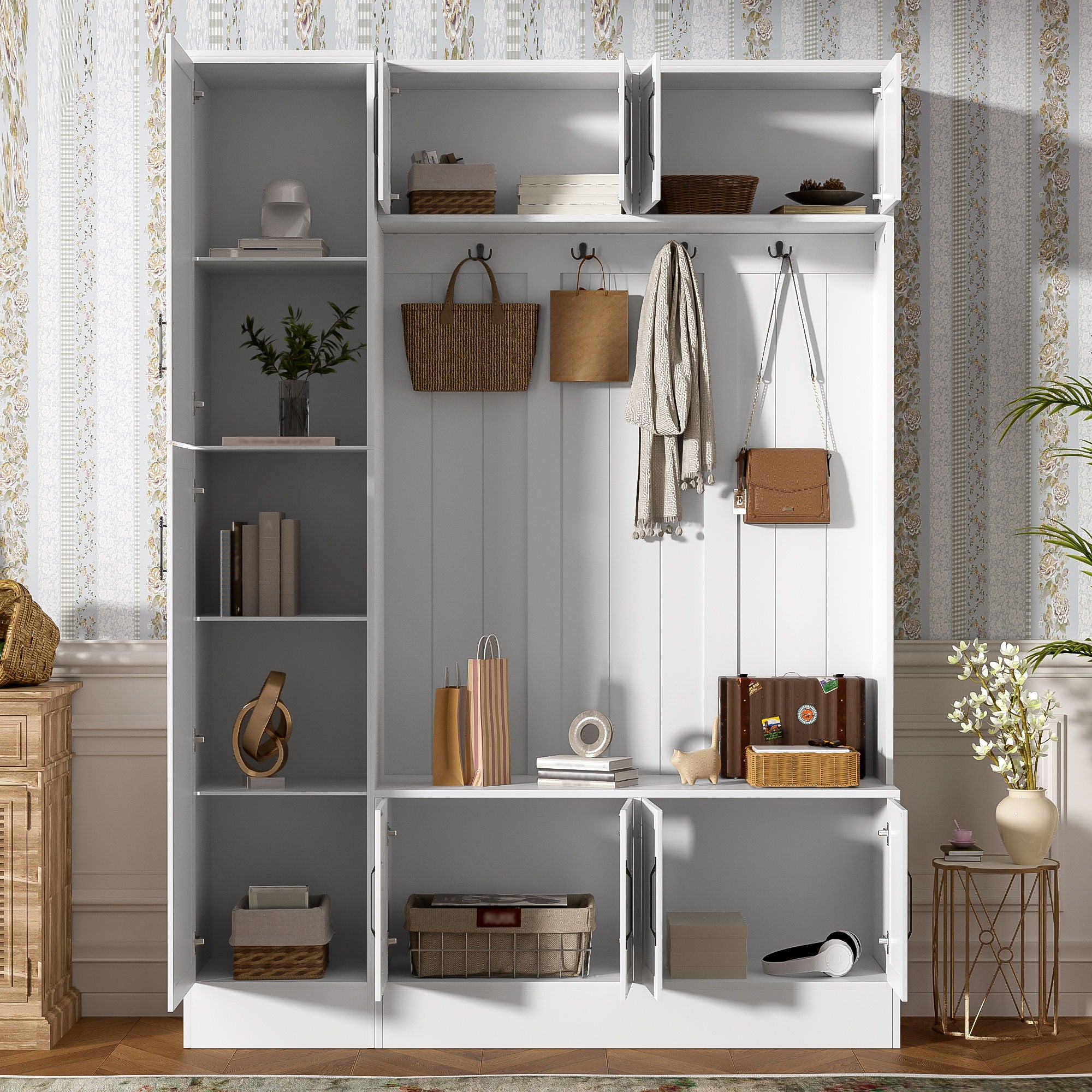 Tall Hall Tree With Shoe Storage, 4 In 1 Entryway Bench With 6 Cabinets, 4 Coat Hooks & Adjustable Shelf For Hallway - White