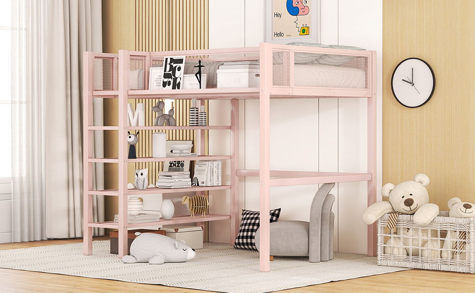 Loft Bed With 4 Tier Shelves And Storage