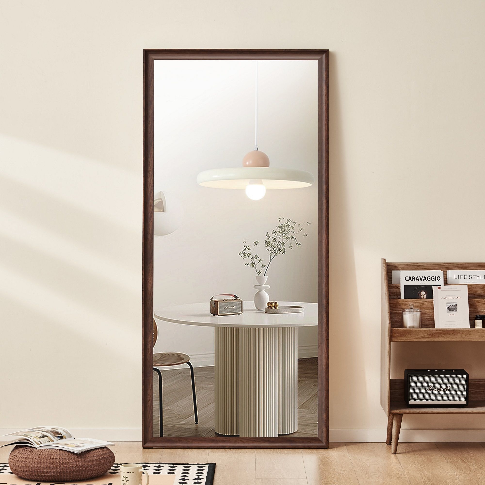 Vintage Full Length Mirror Wall Mounted With Faux Wooden Frame - Brown