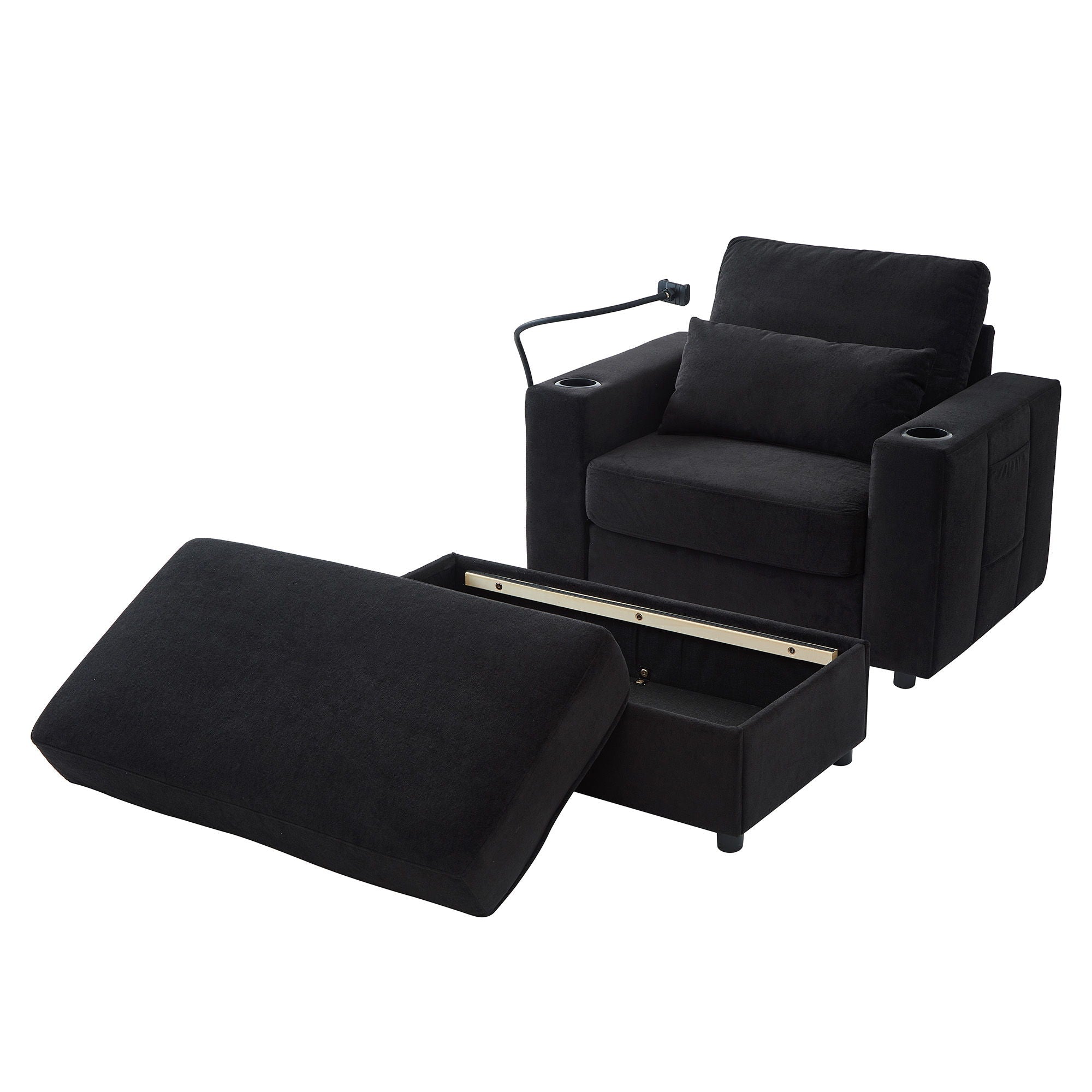 Modern Style Armchair Chaise Lounge Sofa Couch With Movable Storage Ottoman, USB Ports, Cup Holders, Phone Holder, Side Pockets