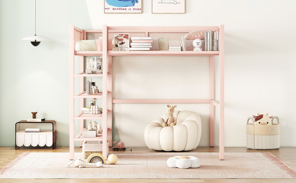 Loft Bed With 4 Tier Shelves And Storage