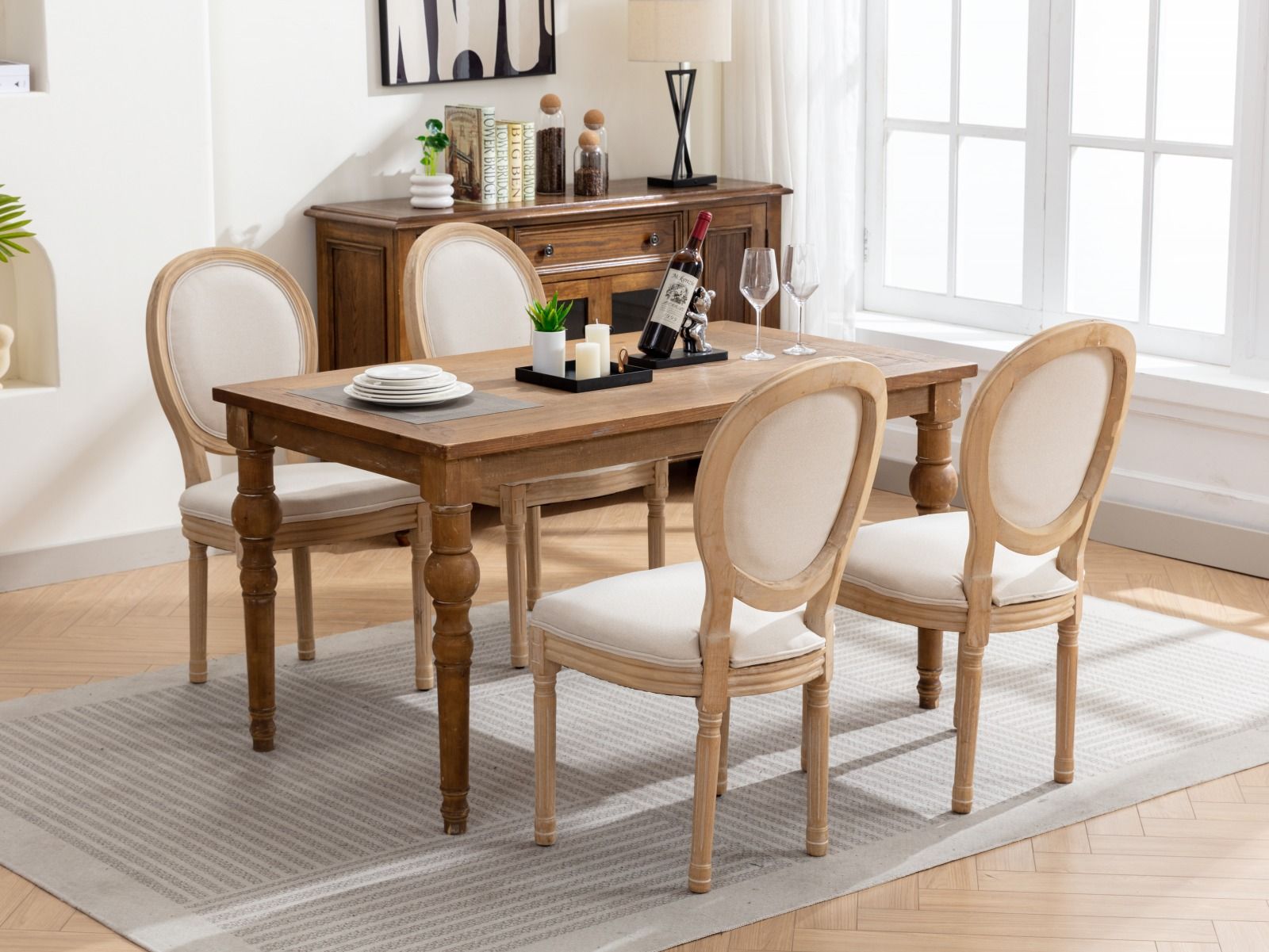 French Style Solid Wood Frame Antique Painting Fabric Back Dining Chair (Set of 2)