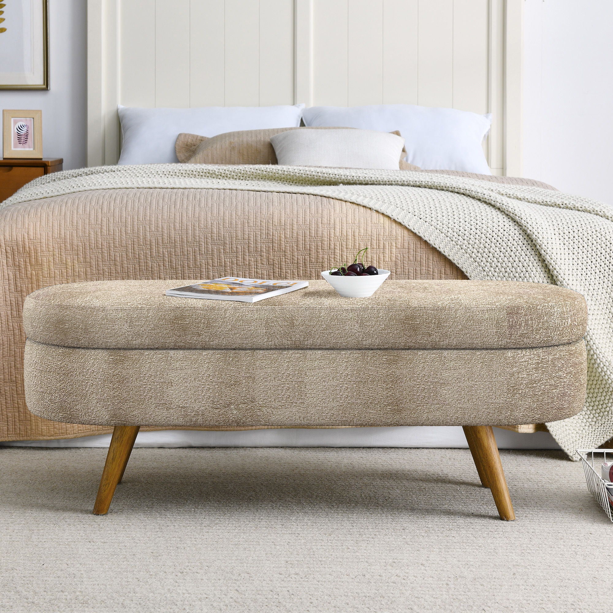 Modern Ottoman Oval Storage Bench With Rubber Wood Legs