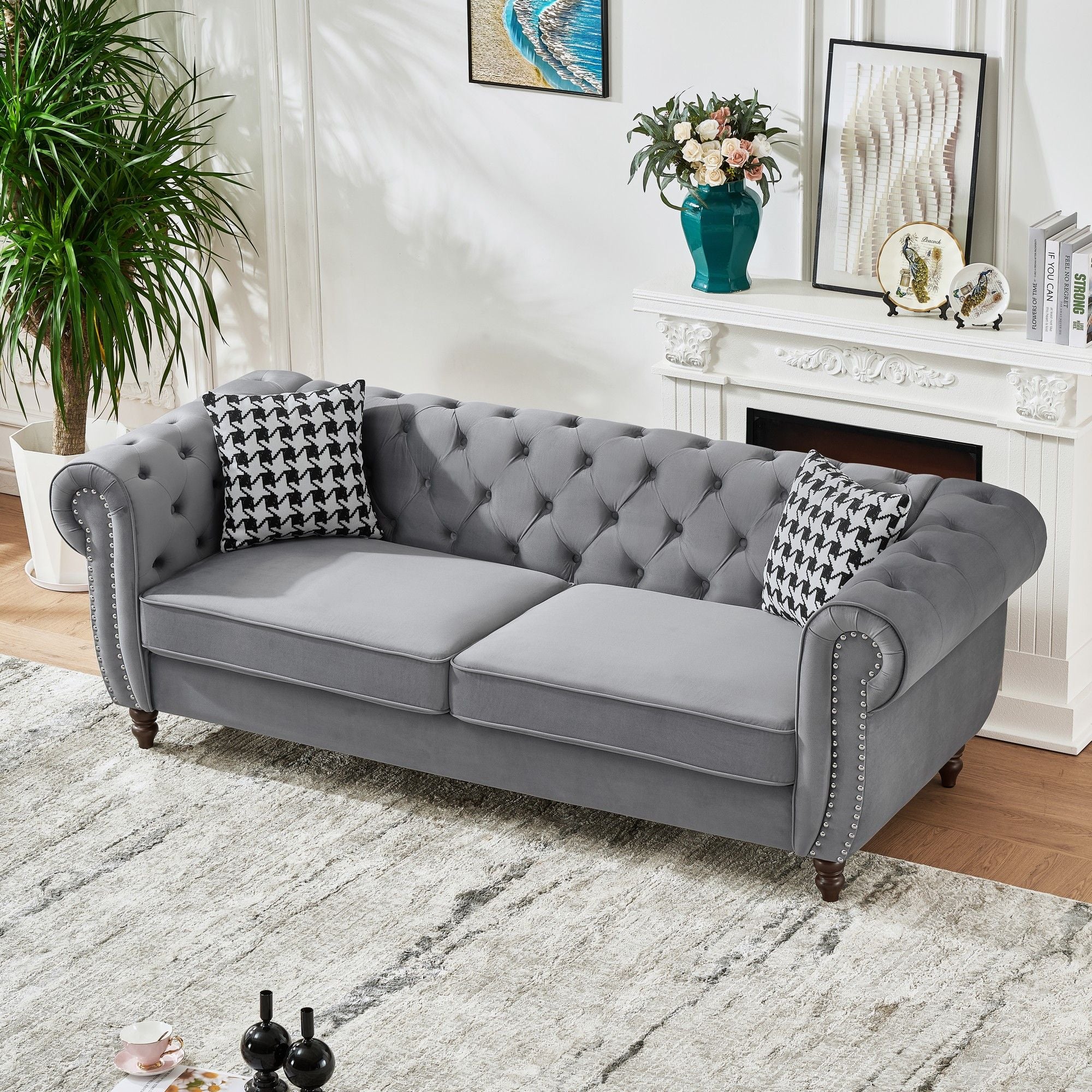 Chesterfield Upholstery Fabric Sofa With Roll Armrest & Nailhead