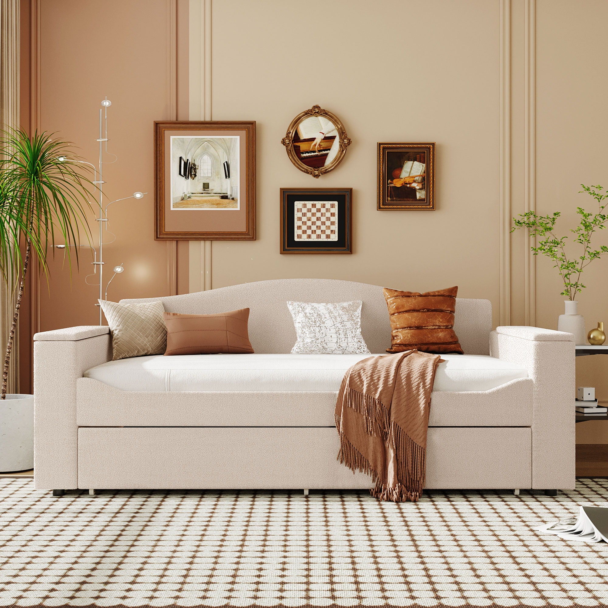 Upholstered Daybed With Storage Armrests, Trundle And Latest Integrated tooth Audio System