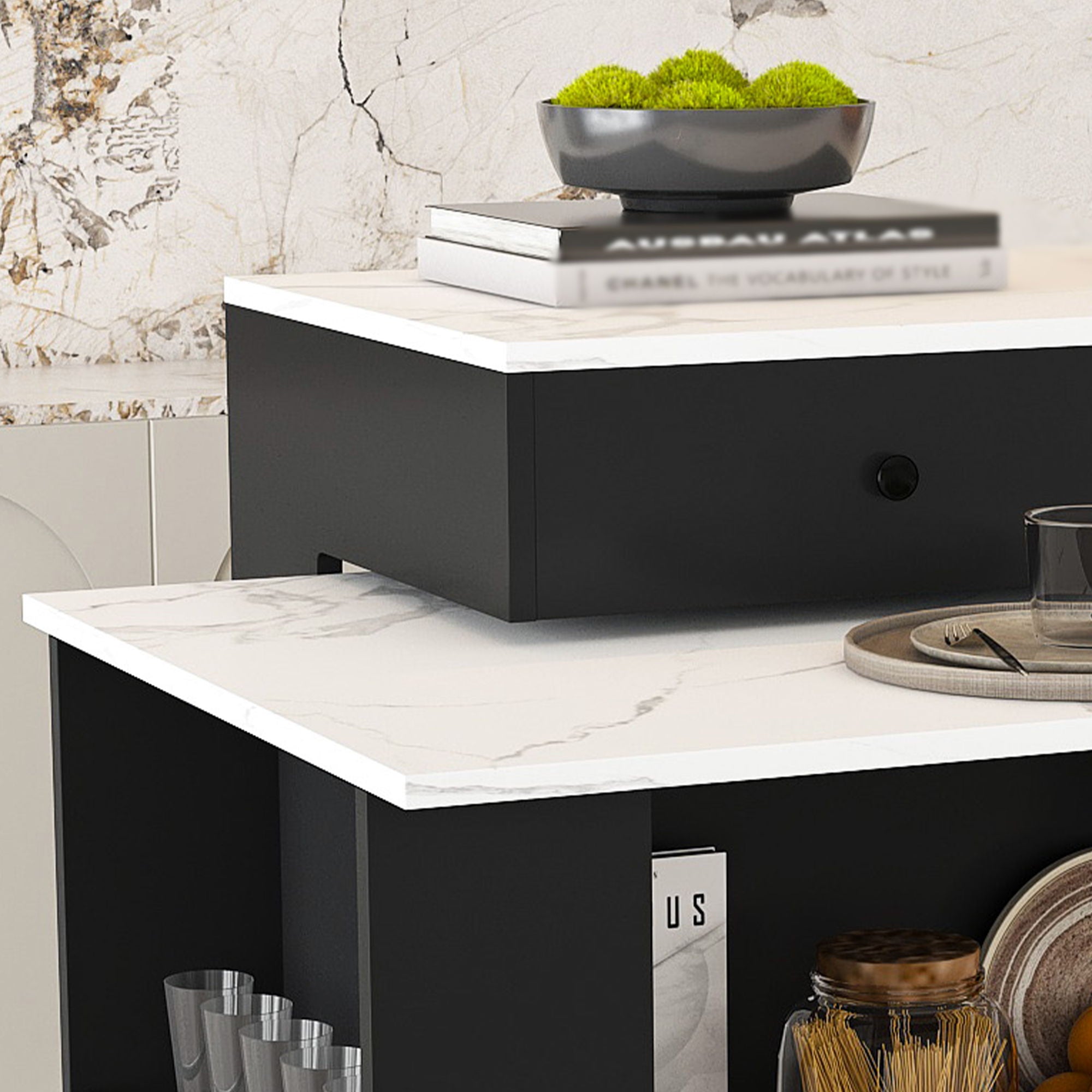 Retro Kitchen Island Set With Chairs, Extendable & Rotating Table, 4 Drawers & Door Cabinets