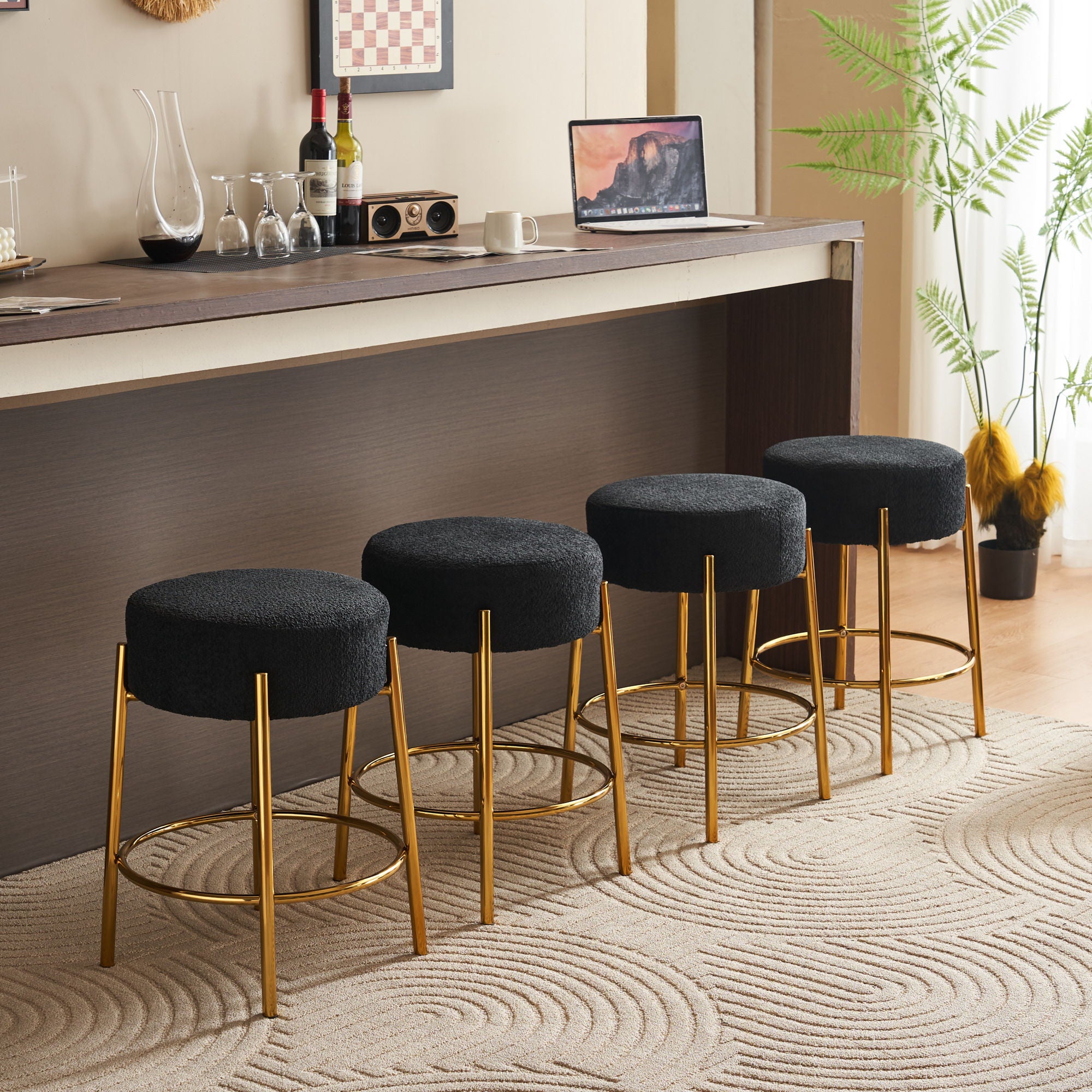 Round Bar Stools (Set of 2), Contemporary Upholstered Dining Stools For Kitchens, Coffee Shops And Bar Stores - Legs