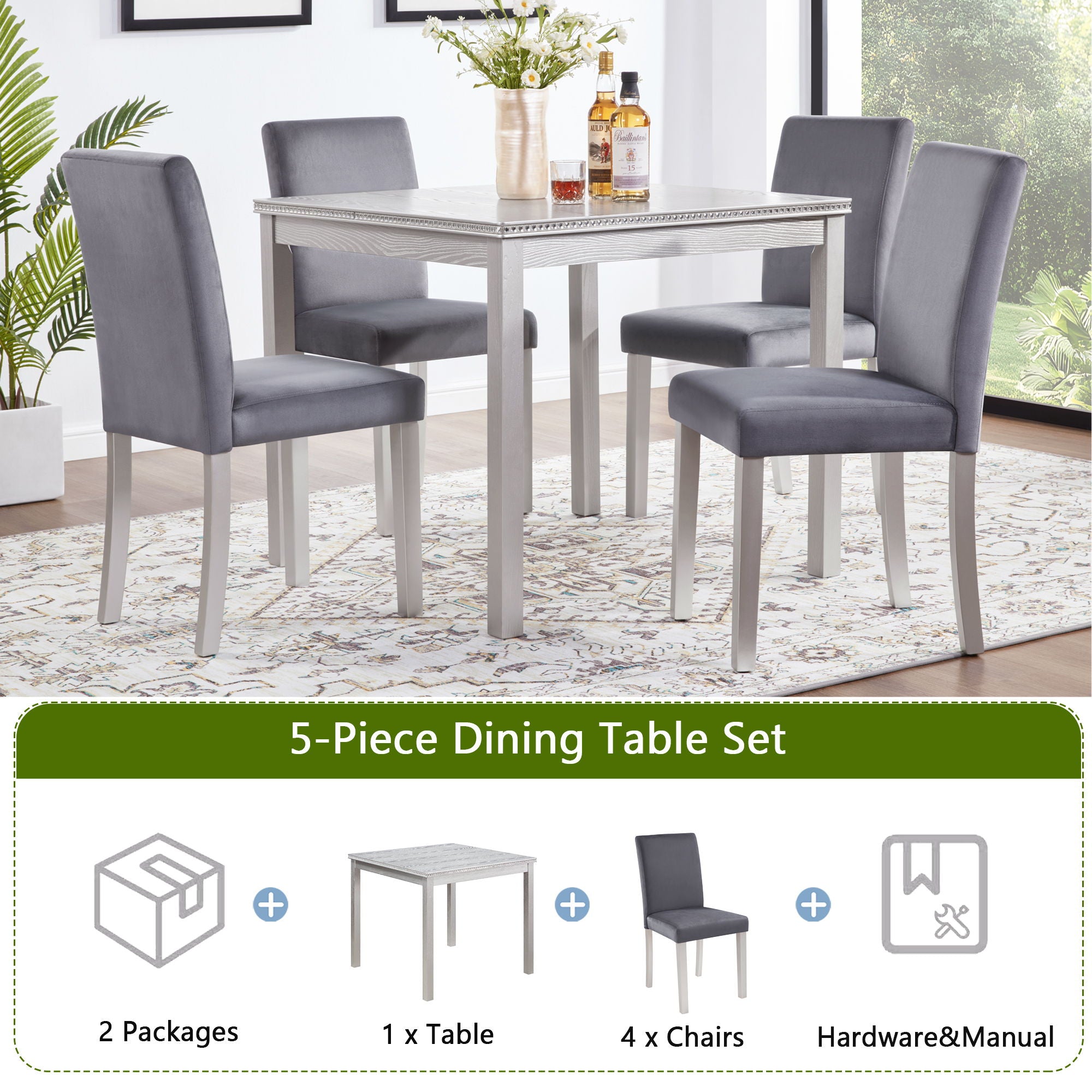 5 Pieces Wooden Dining Table Set, Square Table And 4 Upholstered Chairs