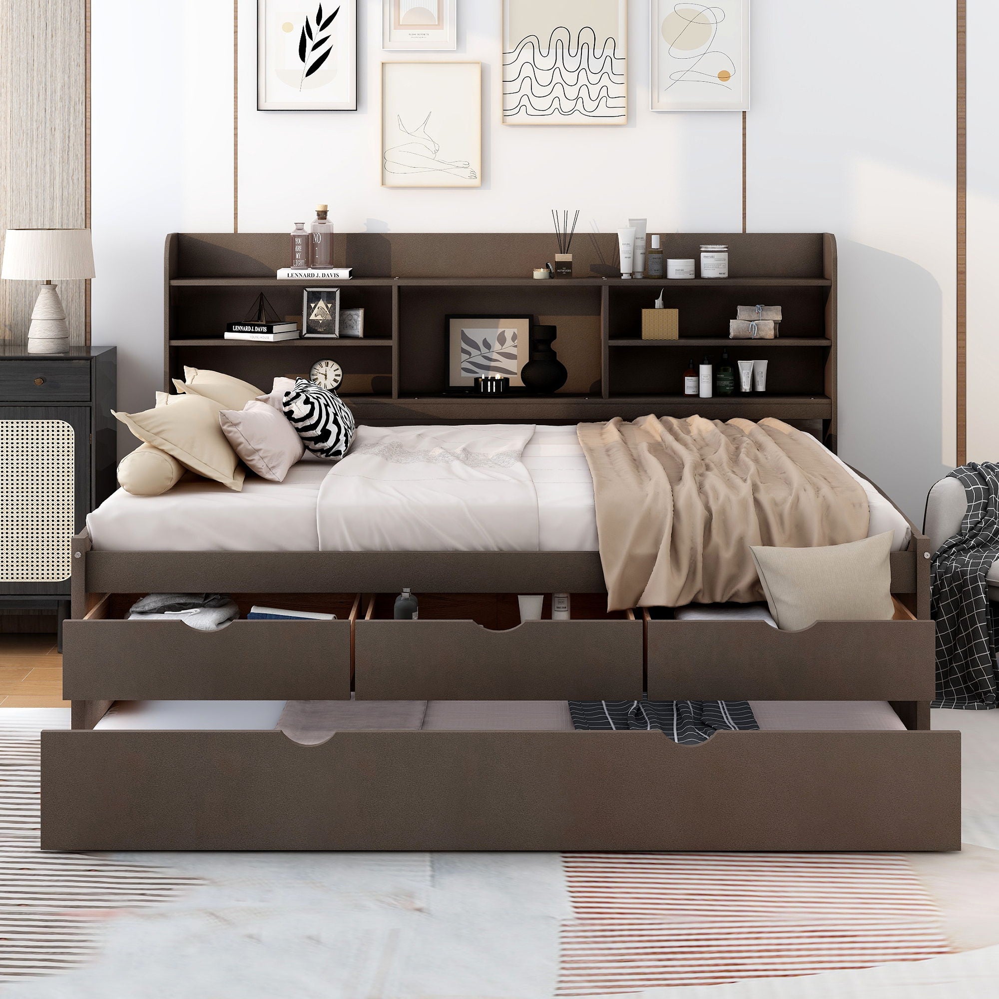 Captain Bed With Built In Bookshelves, 3 Storage Drawers, And Trundle