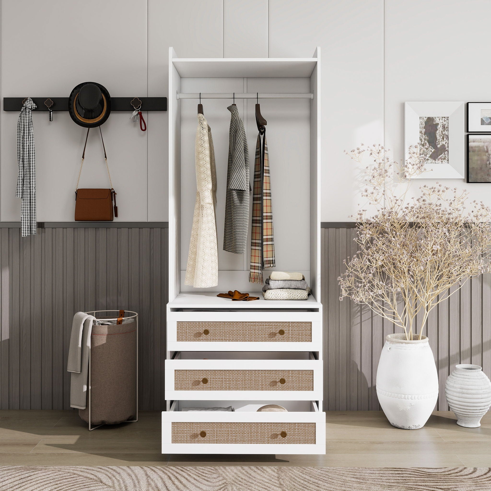 Wardrobe With 3 Drawers High Wardrobe Armoire With Rattan For Living Room Organizer - White