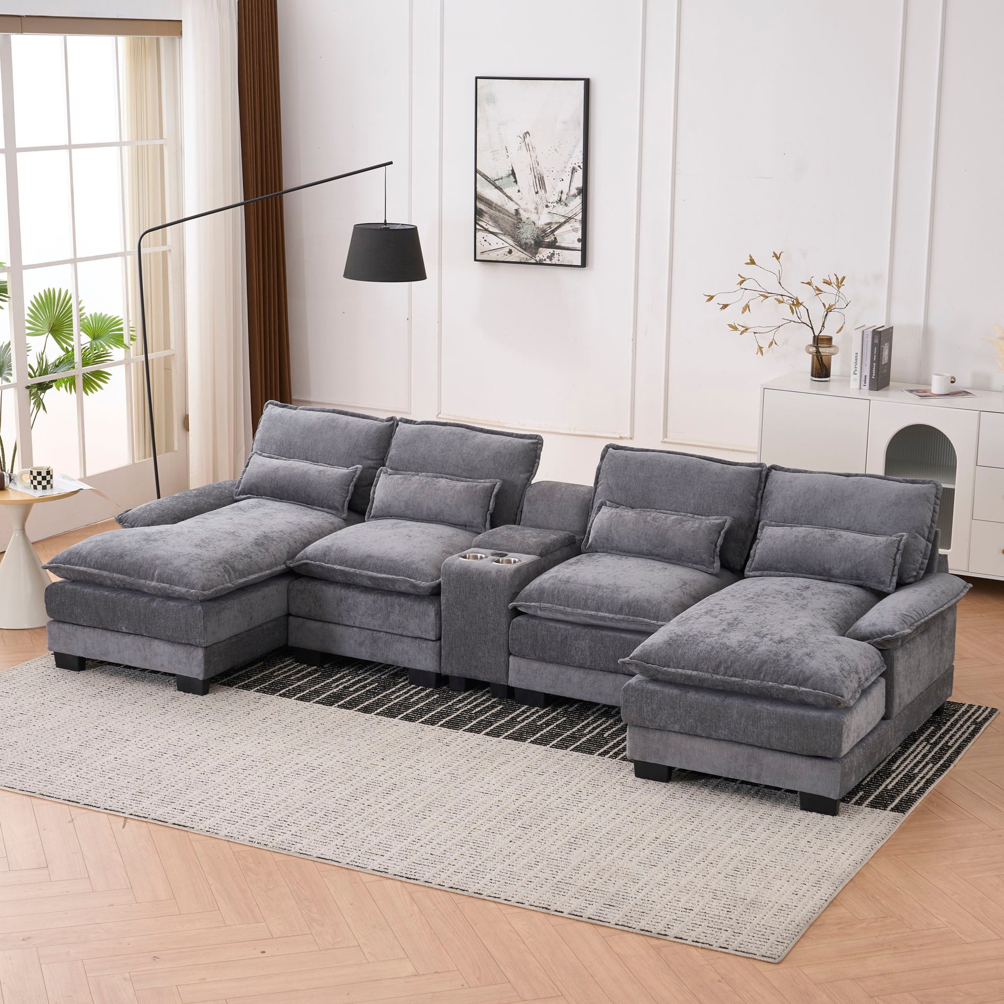 U Shaped Sofa With Console, Cupholders, USB Ports, 6 Seat, Bronzing Suede &