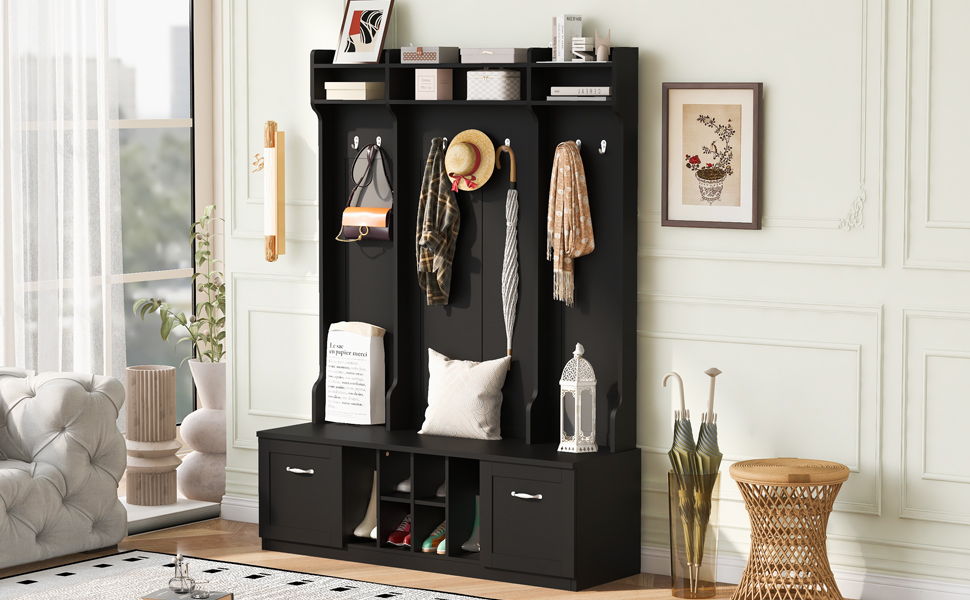 5 In 1 Entryway Bench With Coat Rack, 7 Sturdy Hooks, 2 Spacious Drawers And Adjustable Shelves