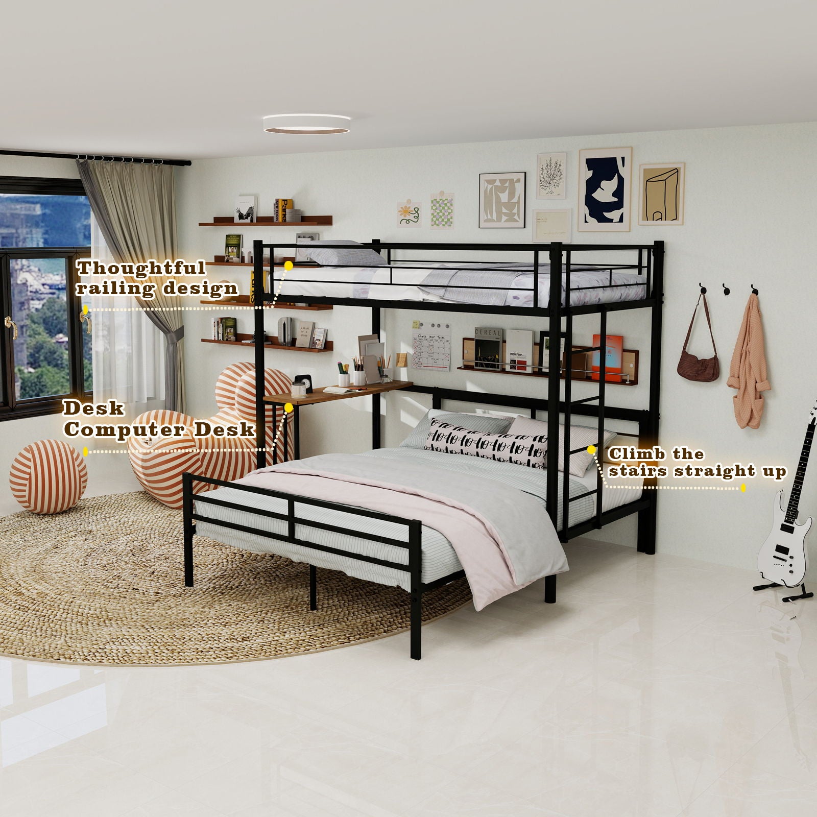 Bunk Bed With Built In Desk & Guardrail Frame