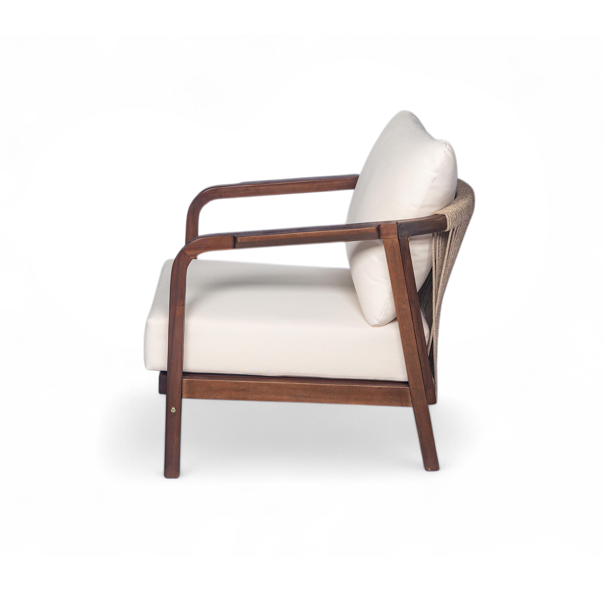 Outdoor Lounge Chair With Woven Backrest, Solid Wood Frame, Comfortable Cushions