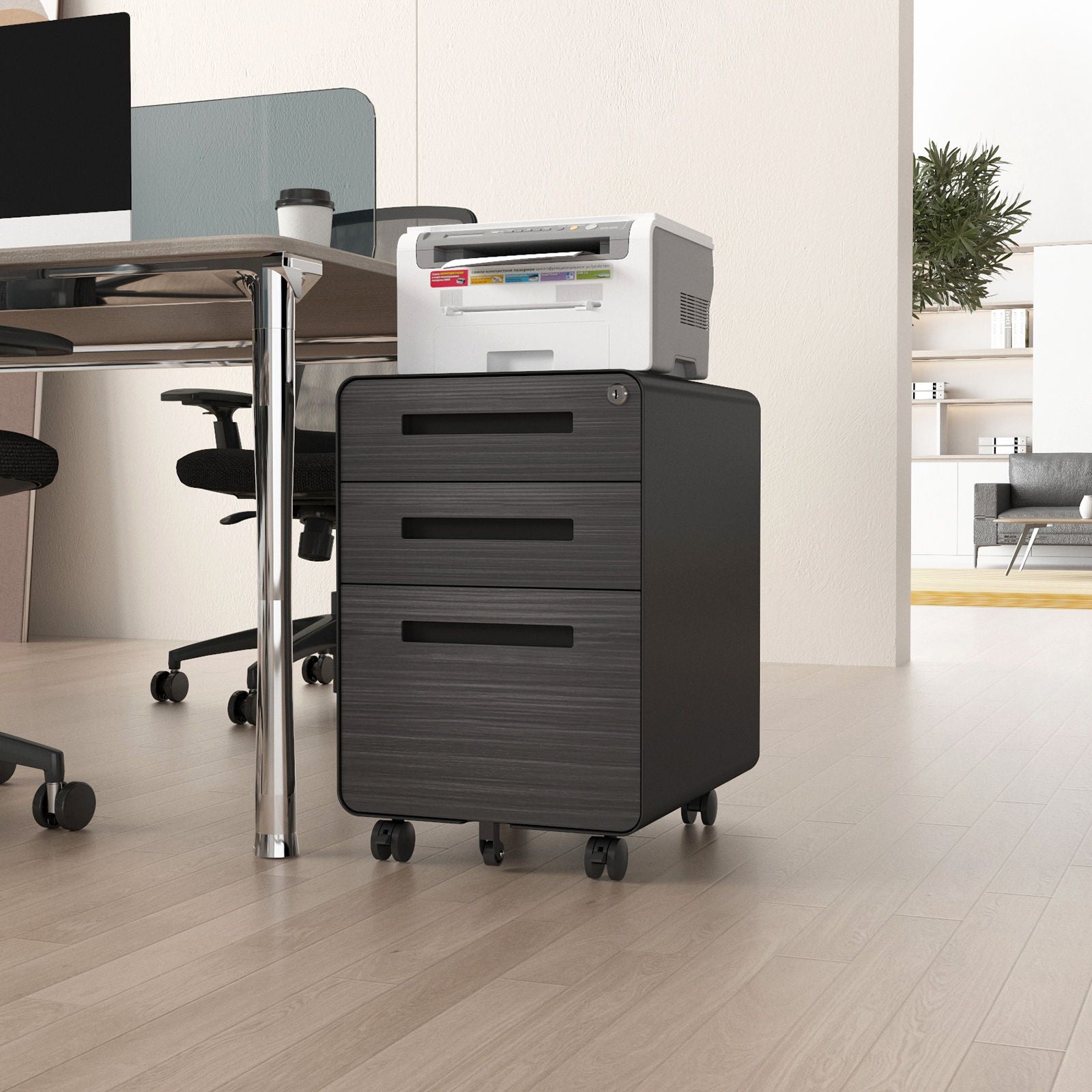 3 Drawer Mobile File Cabinet Under Desk Office, Simple Style Versatile Storage Cabinet For Legal / Letter / A4 Files, 5 Wheel Design Anti-Tilting Cold Rolled Steel Waterproof Moisture-Proof