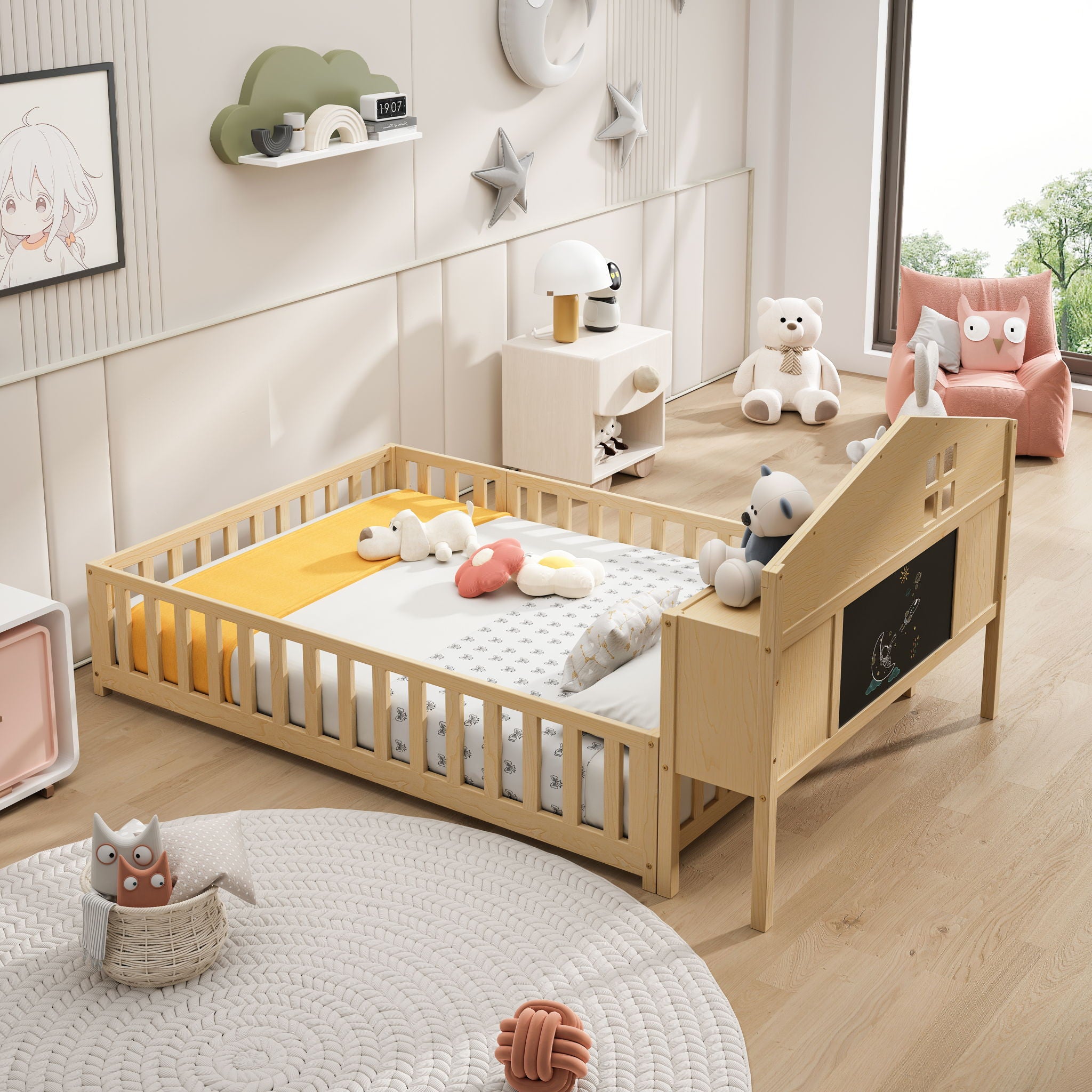 Full Size Montessori Floor Bed With Bookcases And boards, Solid Wood Platform Bed With Guard Rails And Storage Headboards - Natural
