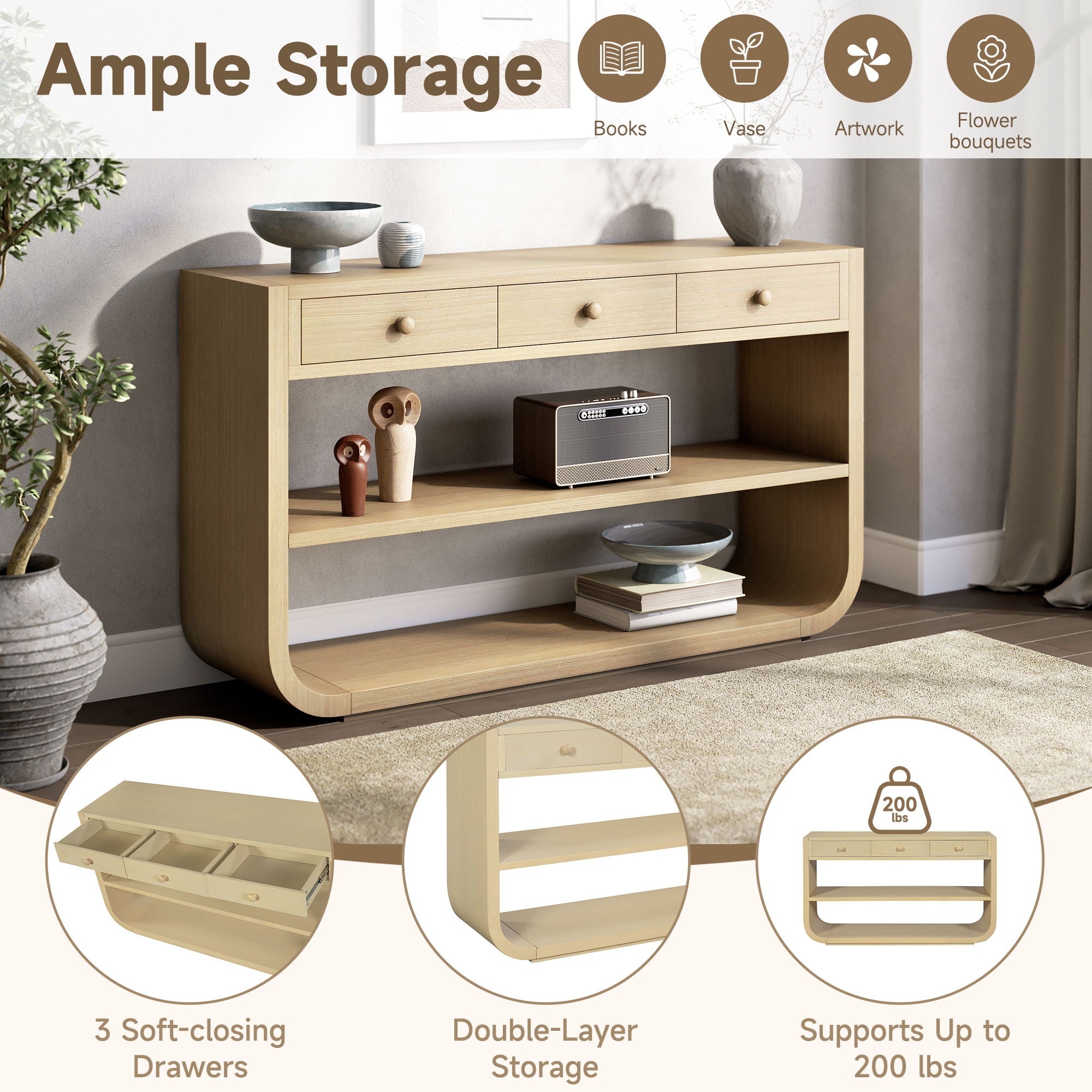 Console Table With 3 Soft Close Drawers & 2 Open Shelves - Natural