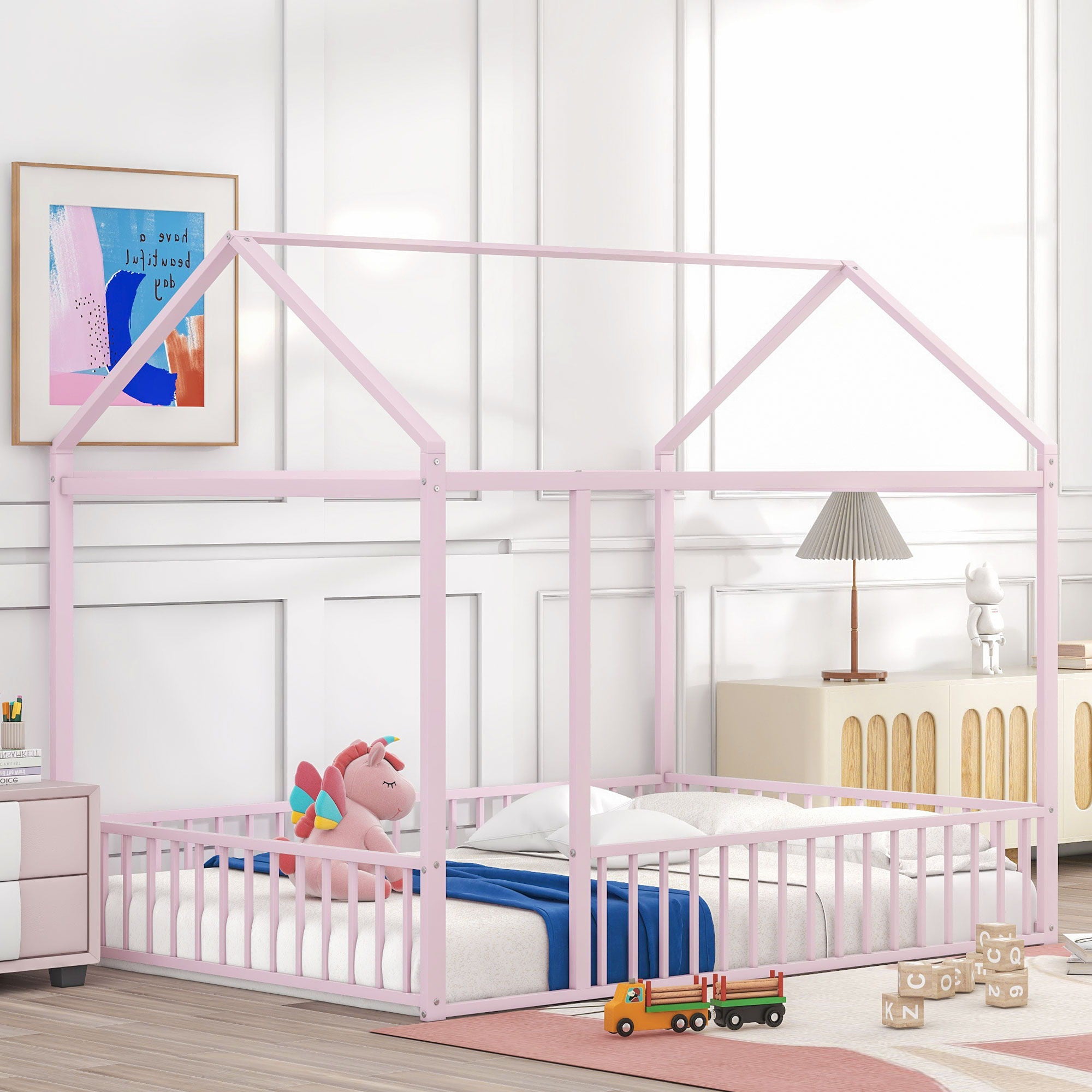 Metal Bed House Bed Frame With Fence