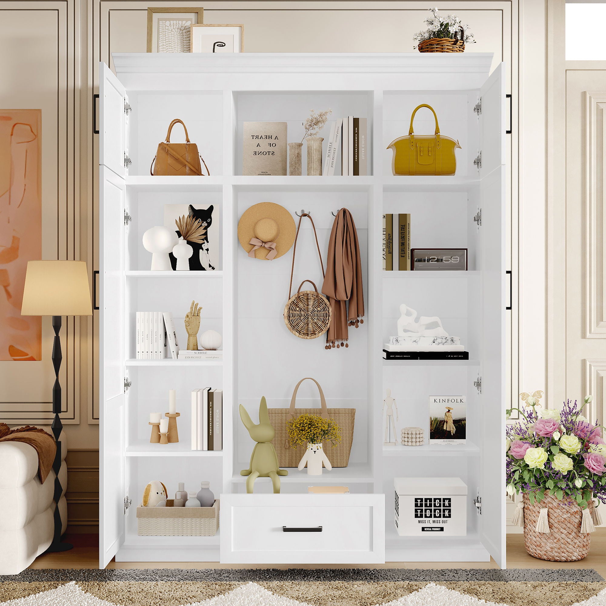 Hall Tree With Bench And 3 Hooks, Modern Entryway Storage Organizer Cabinet With 4 Doors, 1 Drawer And Adjustable Shelves